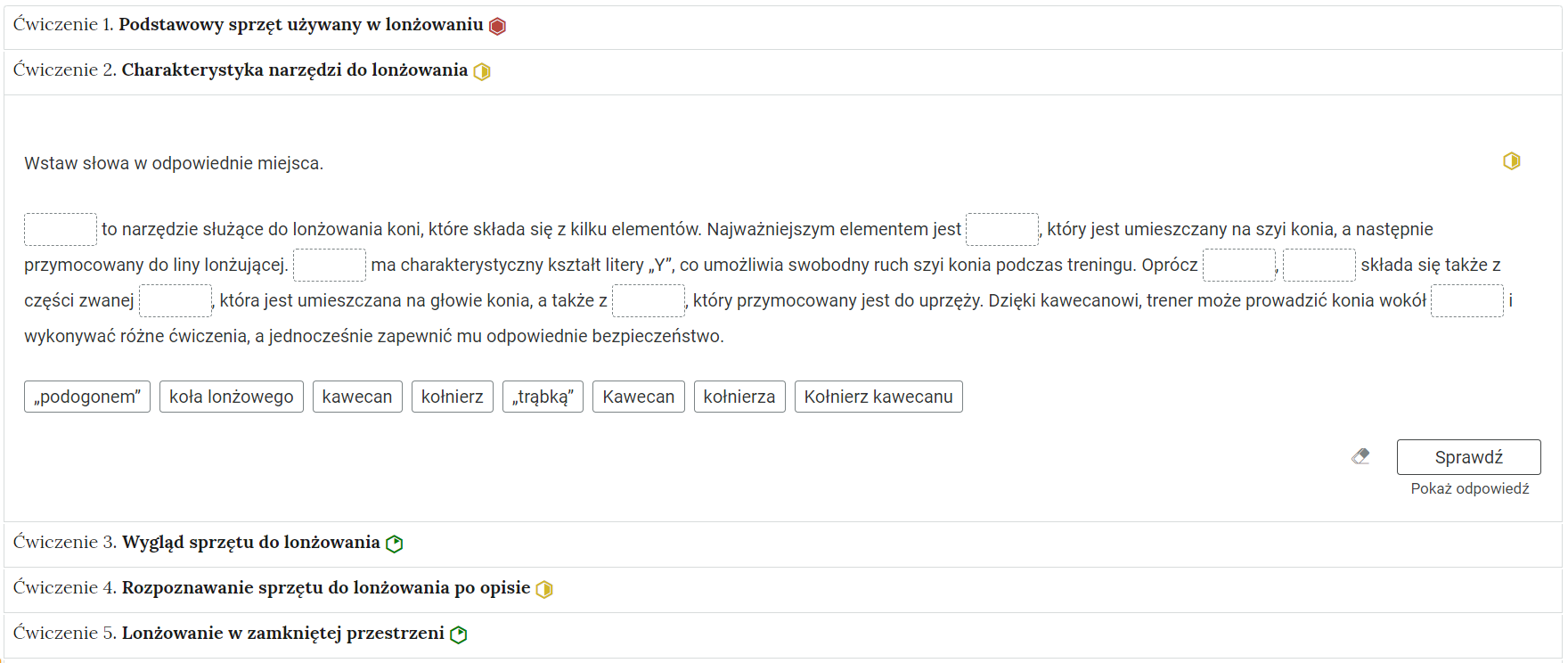 Grafika przedstawia fragment harmonii z pięcioma ćwiczeniami. Każde ćwiczenie jest ponumerowane, ma tytuł oraz poziom trudności. Zostało wybrane ćwiczenie drugie. Charakterystyka narzędzi do lonżowania. Poniżej widoczna jest treść zadania.