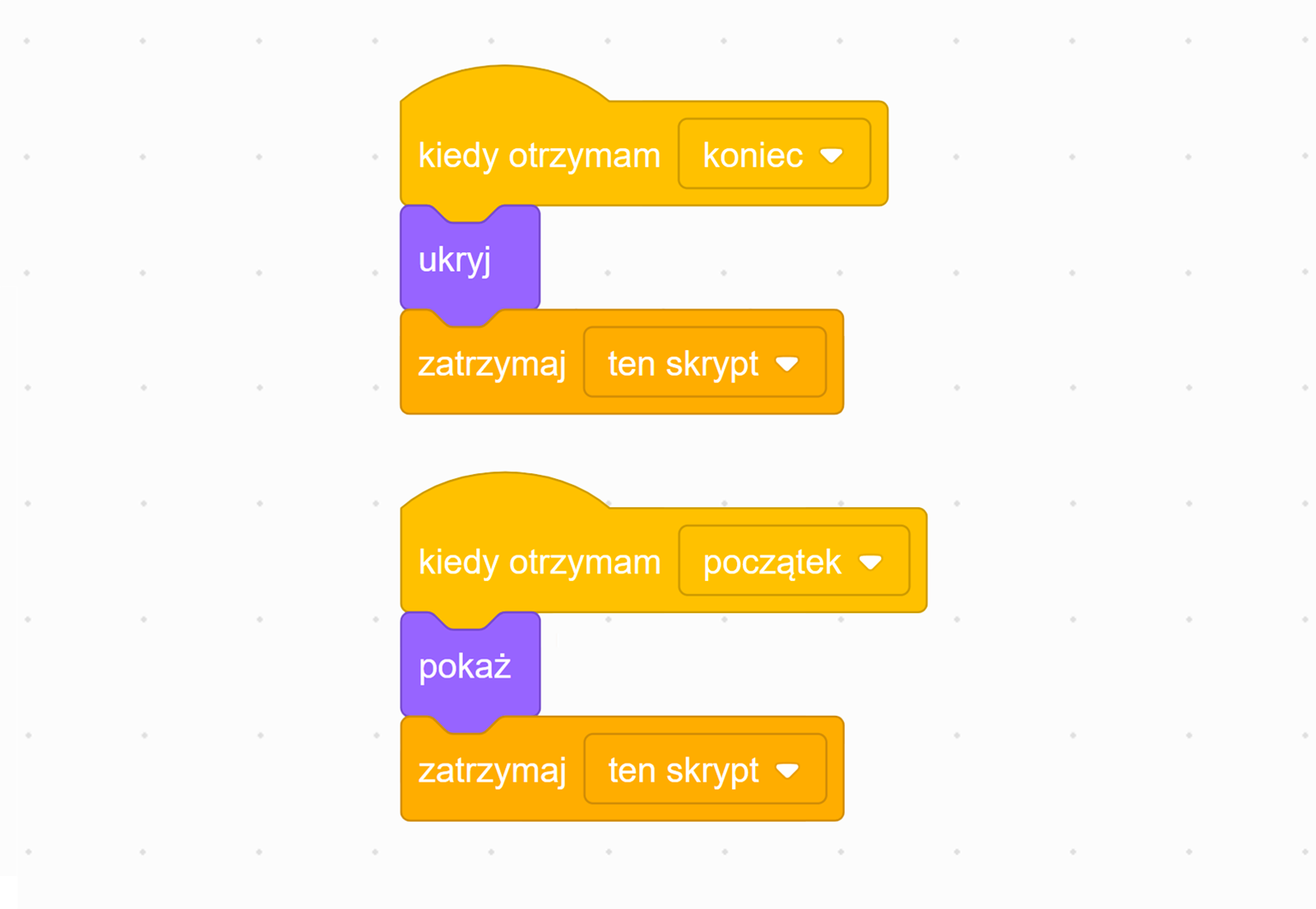 Zrzut ekranu przedstawia dwa skrypty służące do ukrywania i pokazywania przycisków w zależności od otrzymanych komunikatów.
Pierwszy skrypt rozpoczyna się od żółtego bloku z napisem kiedy otrzymam koniec, pod nim znajduje się fioletowy blok z napisem ukryj, a na końcu jasnopomarańczowy blok z napisem zatrzymaj ten skrypt. Drugi skrypt składa się z żółtego bloku z napisem kiedy otrzymam początek, pod nim znajduje się fioletowy blok z napisem pokaż, a na końcu jasnopomarańczowy blok z napisem zatrzymaj ten skrypt.