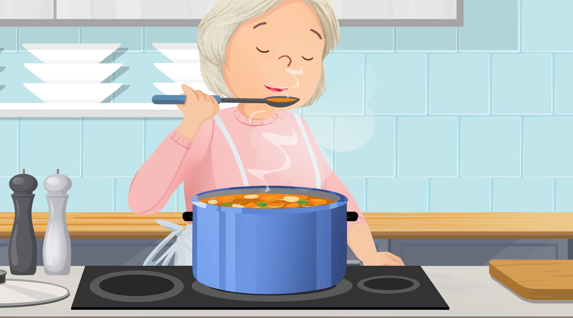 Na ilustracji kucharka próbuje zupy z garnka.
