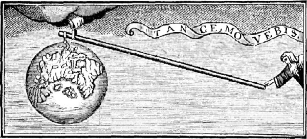 Ilustracja przedstawia starą rycinę, na której widać kulę ziemską, która jest zawieszona na końcu długiego pręta. Pręt skierowany jest ukośnie w prawo i w dół. Ręka wysuwająca się z góry podtrzymuje pręt w punkcie bliskim punktowi zawieszenia kuli ziemskiej. Z prawej strony rysunku na drugi koniec pręta naciska człowiek z brodą ubrany w starodawne szaty.