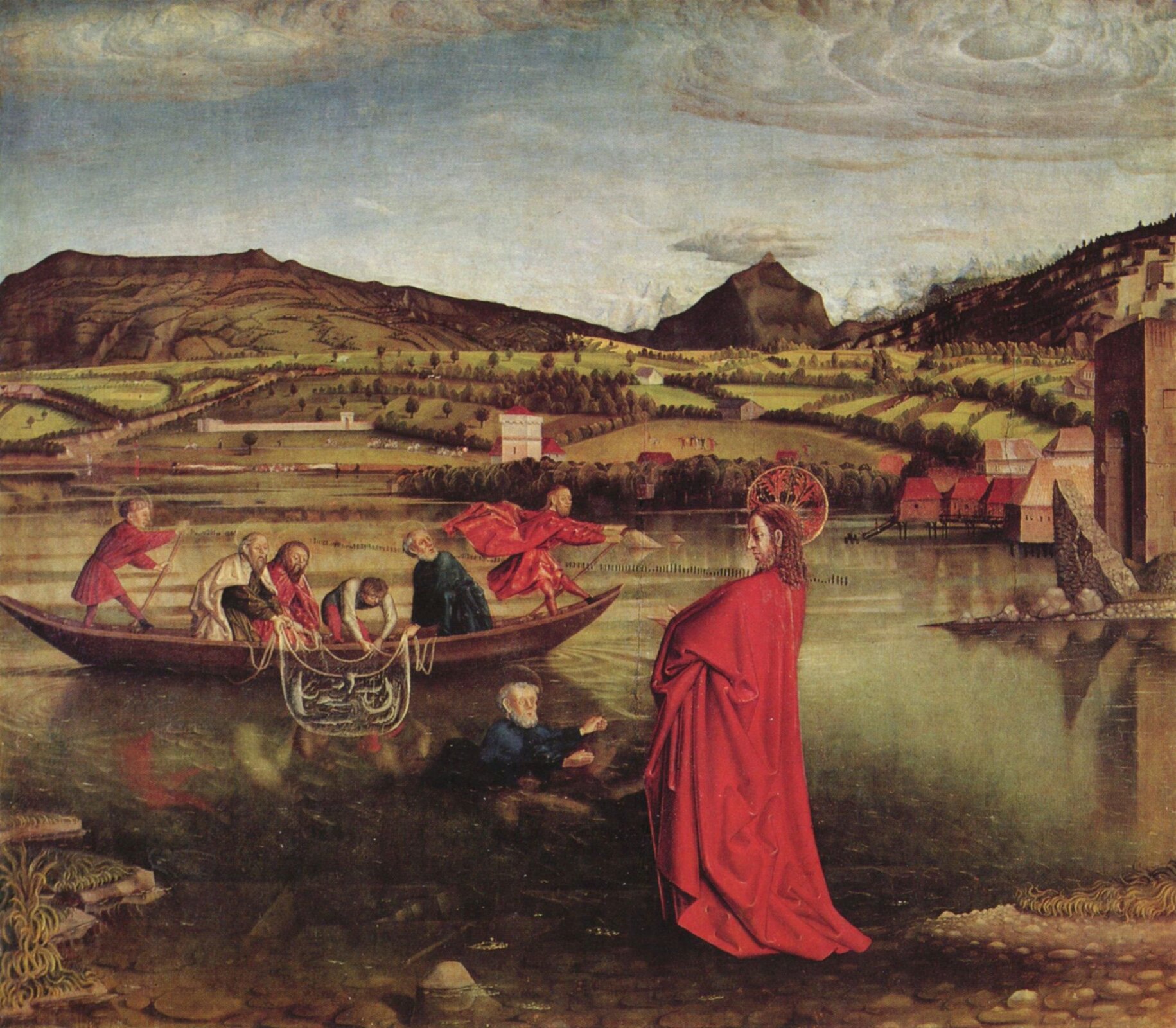 Ilustracja o kształcie poziomego prostokąta przedstawia obraz Konrada Witza Konrada Witza „Połów ryb na jeziorze Genezaret”. Ukazuje Chrystusa, stojącego na brzegu jeziora, ubranego w czerwoną szatę , z aureolą wokół głowy. Po jeziorze płynie łódź z sześcioma rybakami. Dwóch z nim wyciąga sieć z rybami. Po prawej stronie widoczny jest port.  W tle znajduje się pejzaż z polami i zabudowaniami oraz góry. Nad pejzażem unosi się niebo z chmurami. W oddali widać pola i tereny górzyste.