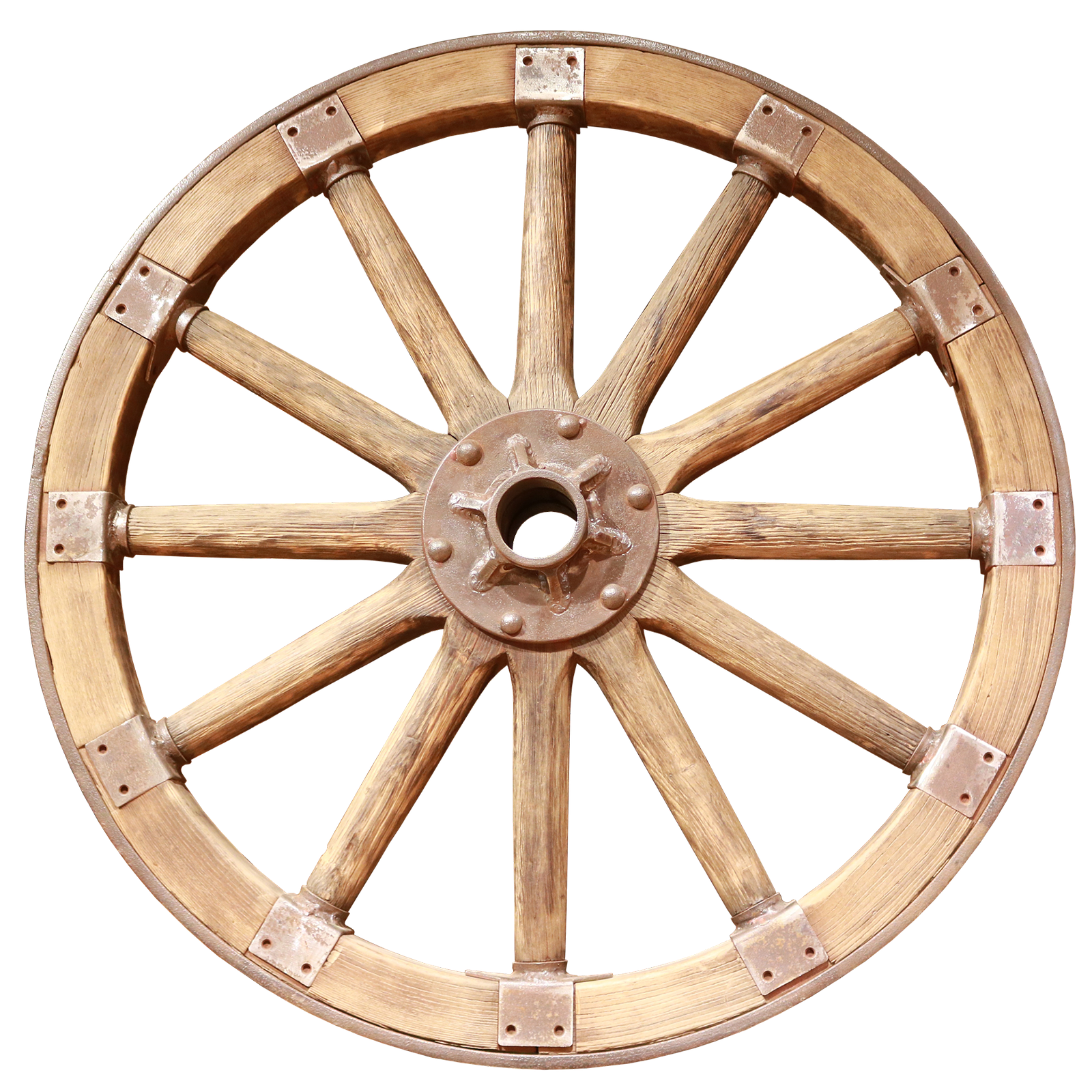 Na ilustracji przedstawiono drewniane, ażurowe koło z metalowymi elementami.