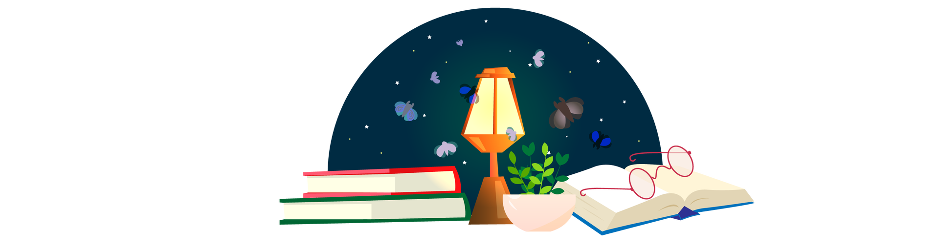 Ilustracja przedstawia niewielką lampę stojącą na blacie, dającą ciepłe światło. Dookoła niej latają ćmy. W tle widać rozgwieżdżone nocne niebo. Po lewej stronie są dwie książki ułożone jedna na drugiej. Po prawej stronie stoi zielona roślina w beżowej donicy, a obok niej leży otwarta książka w granatowej okładce. Na książce leżą okulary w ciemnoróżowych oprawkach.