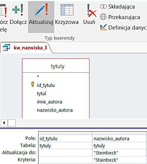Ilustracja zawiera zrzut ekranu z programu. W górnej części grafiki widnieją funkcje programu. Zaznaczona została funkcja aktualizacji. Poniżej widnieje kwadratowe pole zawierające informację o tytułach takie jak id tytułu, tytuł, imię autora oraz nazwisko autora. Poniżej widoczna jest tabela zawierająca szczegółowe dane dotyczące tytułów.