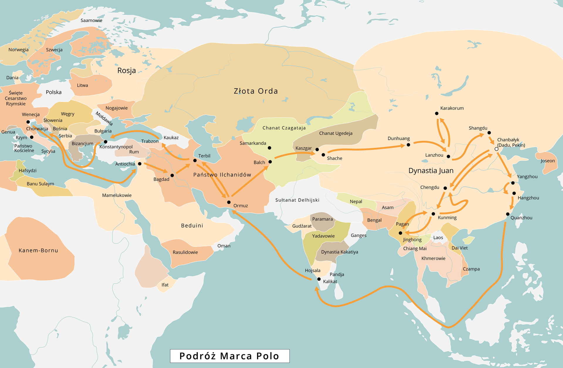 Podróż rozpoczęła się we Włoszech, w Wenecji skąd przez Morze Śródziemne i Azję Mniejszą, Persję, Afganistan i Pamir Polowie Marco Polo przedostał się do Kaszgarii. Stąd Jedwabnym Szlakiem zawędrował do prowincji Gansu w północnych Chinach. Po odwiedzeniu Karakorum udał się przez Gobi do Chanbałyku, gdzie przybył w 1275. W Chinach przeżył 17 lat i zwiedził cały kraj, dotarł także do Birmy. W 1292 udał się w drogę powrotną otrzymawszy od chana zezwolenie na wyjazd oraz zadanie zawiezienia mongolskiej księżniczki perskiemu księciu. Żeglował wzdłuż wybrzeży południowych Chin, Półwyspu Indochińskiego i Sumatry, następnie przez Cejlon, wzdłuż Wybrzeża Malabarskiego w Indiach aż do wybrzeży Persji. Z Ormuzu drogą lądową przez Persję i Armenię dotarł do Trabzonu (Trapezunt), skąd statkiem przez Konstantynopol dopłynął w 1295 do Wenecji.