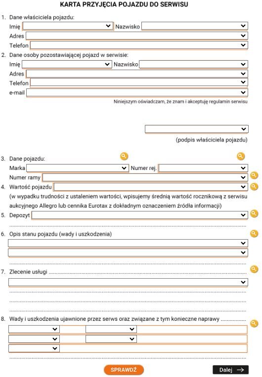 Przykładowy wygląd dokumentacji interaktywnej w formie karty pojazdu. Zaznaczone są tam pola, po których kliknięciu można wpisywać tekst i uzupełniać luki.