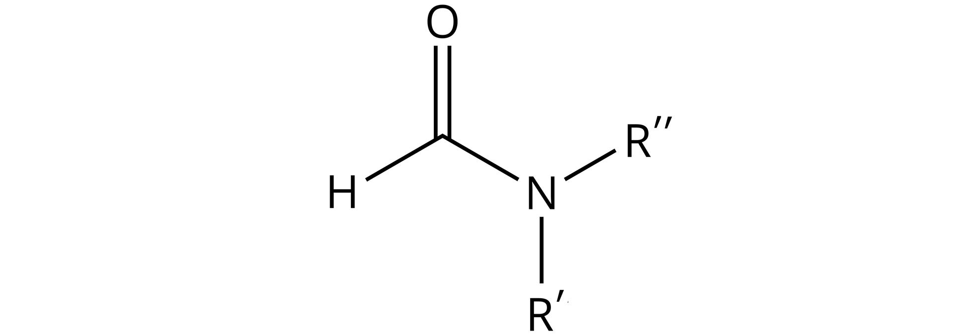 Ilustracja przedstawiająca wzór amidu trzeciorzędowego, w którym zamiast podstawnika R związanego z atomem węgla znajduje się atom wodoru. Cząsteczka zbudowana jest z atomu wodoru H związanego z atomem węgla połączonym za pomocą wiązania podwójnego z atomem tlenu oraz za pomocą wiązania pojedynczego z atomem azotu podstawionym dwiema grupami, to jest grupą R prim oraz R dwa prim.
