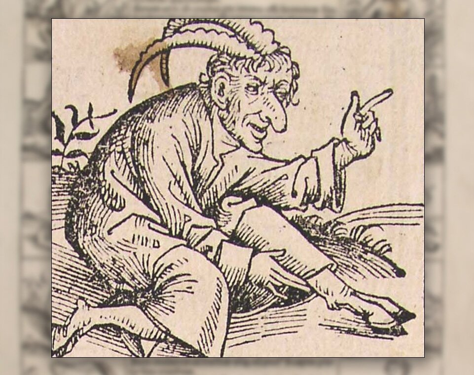 Ilustracja przedstawiająca męzczyznę z kozimi rogami dużym nosem.