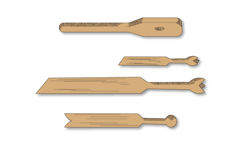 Grafika przedstawia ubijaki o różnym kształcie. To płaskie drewniane narzędzie z węższą rączką.