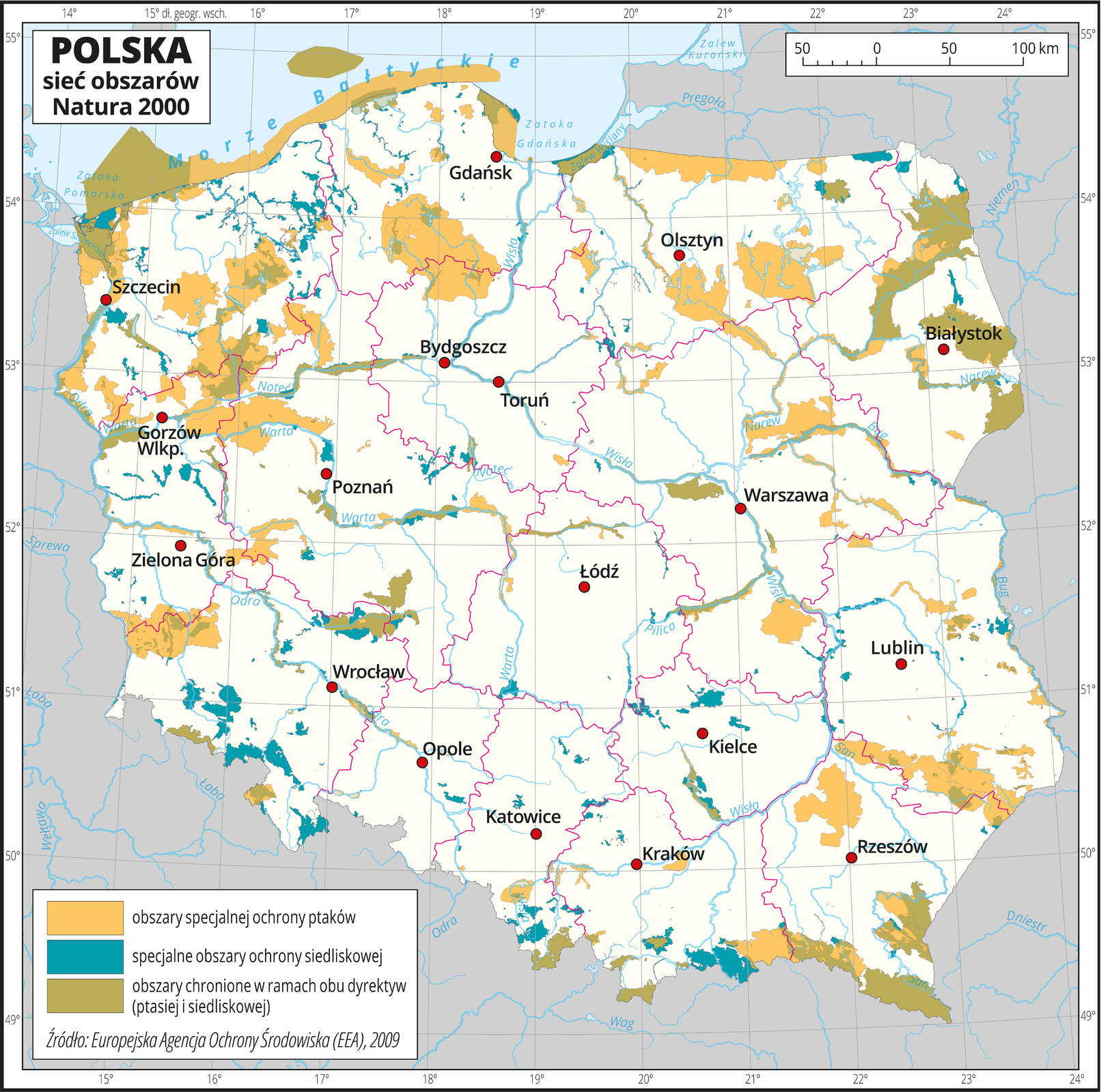 Mapa prezentuje sieć obszarów Natura 2000. Kolorem brązowym oznaczono obszary specjalnej ochrony ptaków. Kolorem niebieskim specjalne obszary ochrony siedliskowej. Kolorem Zielonym obszary chronione w ramach obu dyrektyw.