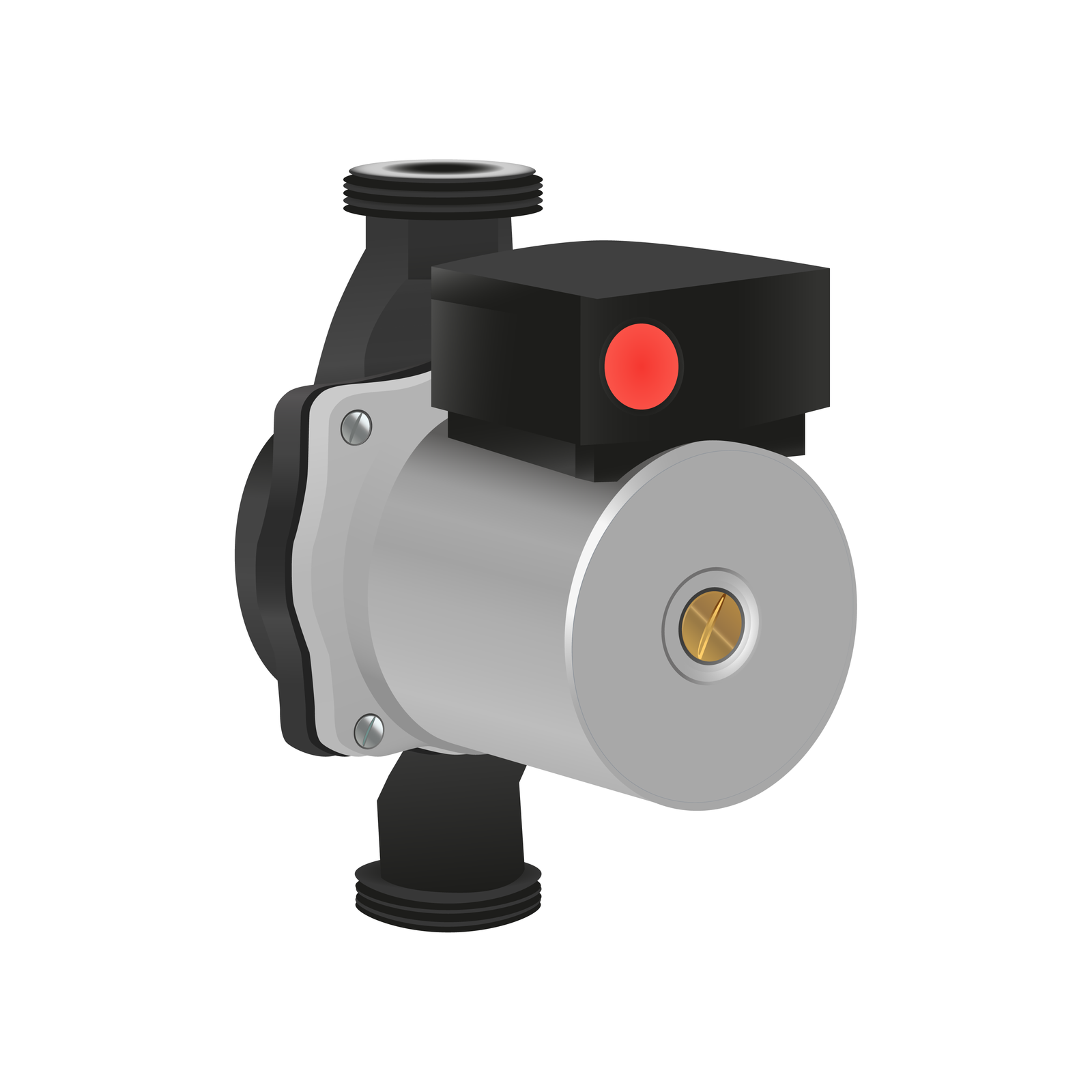 Grafika ilustruje pompę obiegową. Urządzenie składa się z korpusu, silnika oraz podłączonego do niego wirnika.