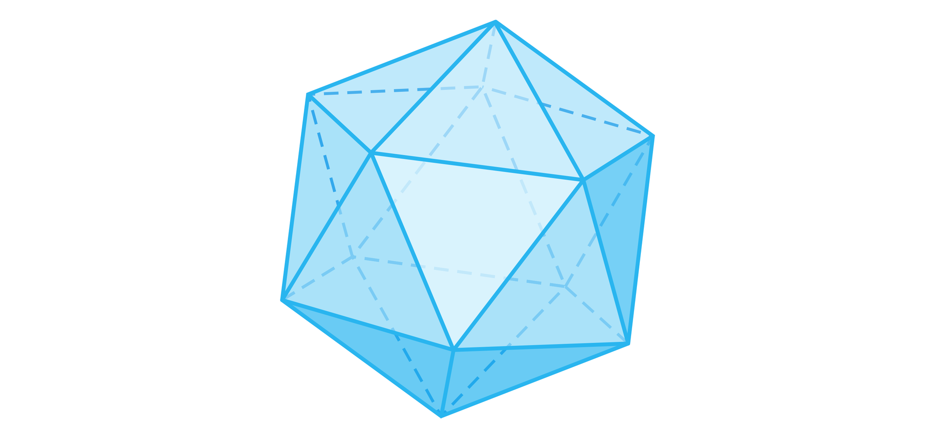 Ilustracja przedstawia model dwudziestościanu foremnego, którego ścianami są trójkąty równoboczne. Bryła przypomina oszlifowany kamień lub dwudziestościenną kostkę do gry..