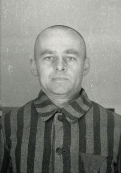 Kliknij, aby powiększyć. Ilustracja przedstawia zdjęcie Witolda Pileckiego w bluzie w pionowe szaro‑czarne pasy. Bluza jest zapinana na guziki, z kołnierzem pod szyją, noszona przez więźniów obozów koncentracyjnych. Na zdjęciu Witold Pilecki ma wygoloną głowę.