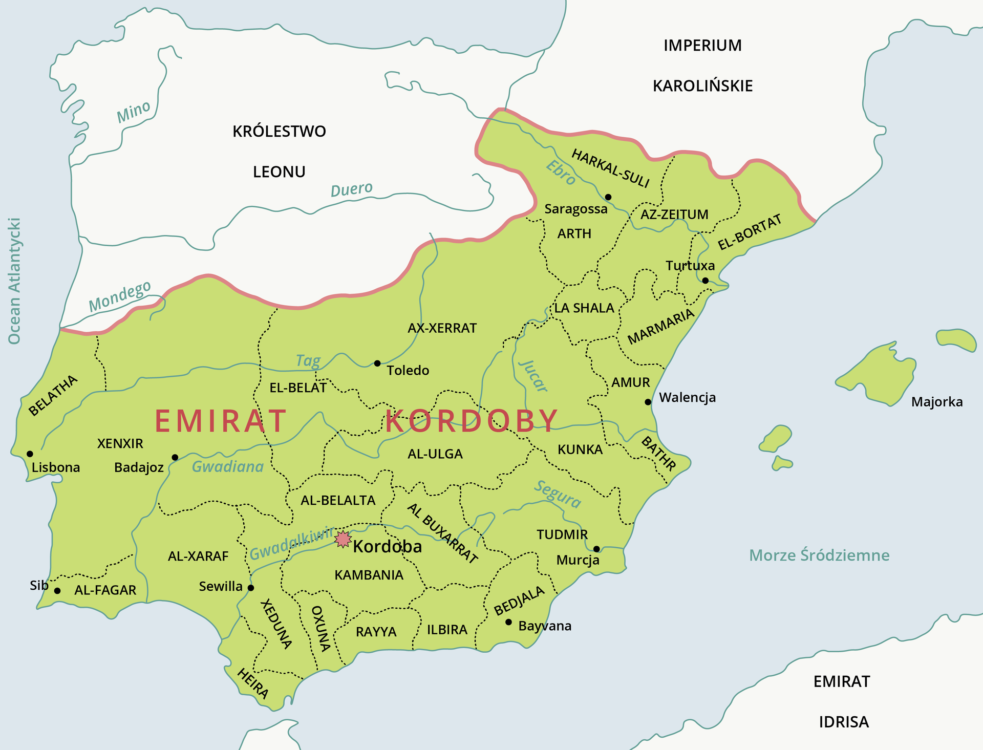 Mapa przedstawia Półwysep Iberyjski podzielony na poszczególne państwa: Emirat Kordoby (środkowa i południowa część półwyspu), Królestwo Leonu (północna część), Imperium Karolińskie (na północny wschód od Emiratu Kordoby). Północna część Afryki to Emirat Idrisa. Emirat Kordoby podzielony jest na regiony (zaczynając od północnego wschodu): Harkal‑Suli z miastem Saragossa, Az‑Zeitum, El‑Bortat z miastem Turtuxa, Arth, LaShala, Marmaria, Amur z miastem Walencja, Bathr, Kunka, Ax‑Xerrat z miastem Toledo, Al‑Ulga, El‑Belat, Tudmir z miastem Murcja,. Bedjala z miastem Bayvana, Al Buxarrat, Ilbira, Rayya, Kambania z miastem Kordoba, Al.-Belalta, Xeduna z miastem Sewilla, Heira, Al.-Xaraf, Al.-Fagar z miastem Sib, Xenxir z miastem Badajoz oraz Belatha z miastem Lisbona.