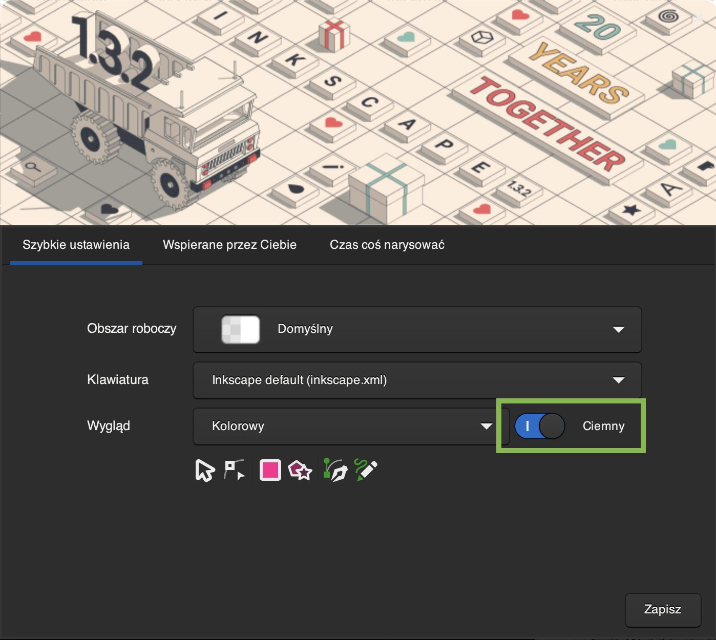 Grafika przedstawia okno szybkich ustawień, gdzie wybrać można obszar roboczy, klawiaturę oraz wygląd wraz z motywem interfejsu. W tym przypadku wybrany został motyw ciemny, zatem tło programu ma kolor czarny.