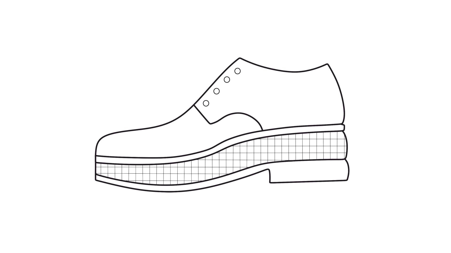 Grafika przedstawia schemat budowy buta, który zawiera koturn na długości całej podeszwy na zewnątrz obuwia. 