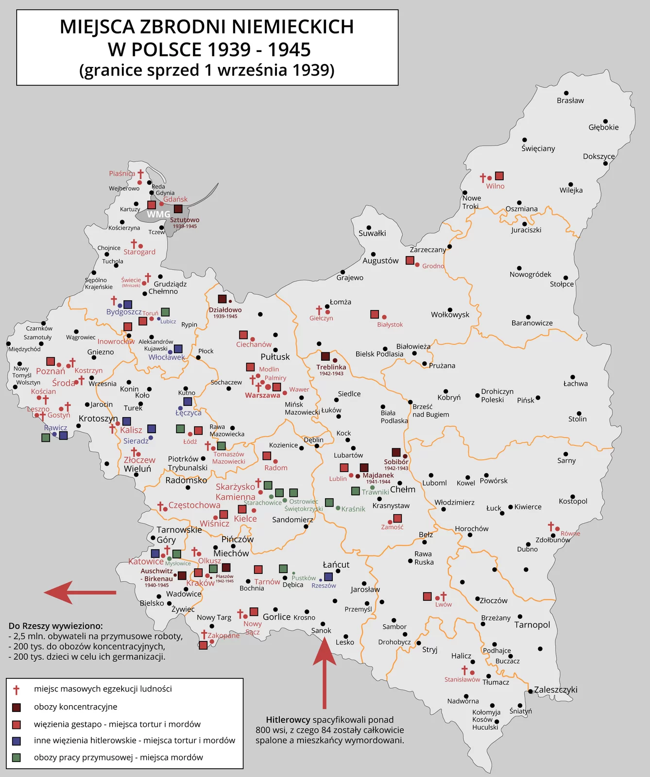 Mapa przedstawia miejsca zbrodni niemieckich w Polsce od 1939 do 1945 roku. Niemcy na terenie Polski stworzyli liczne obozy koncentracyjne, więzienia gestapo, obozy pracy przymusowej i więzienia hitlerowskie, które służyły jako miejsca tortur i mordów. Owych placówek najmniej było we wschodniej Polsce. Na obszarze Polski w licznych miejscach dokonywano masowych egzekucji ludności. Hitlerowcy spacyfikowali ponad 800 wsi, z czego 84 zostały całkowicie spalone, a mieszkańcy wymordowani. Do Rzeszy wywieziono dwa i pół miliona obywateli na przymusowe roboty, dwieście tysięcy ludzi do obozów koncentracyjnych oraz kolejne dwieście tysięcy w celu ich germanizacji.