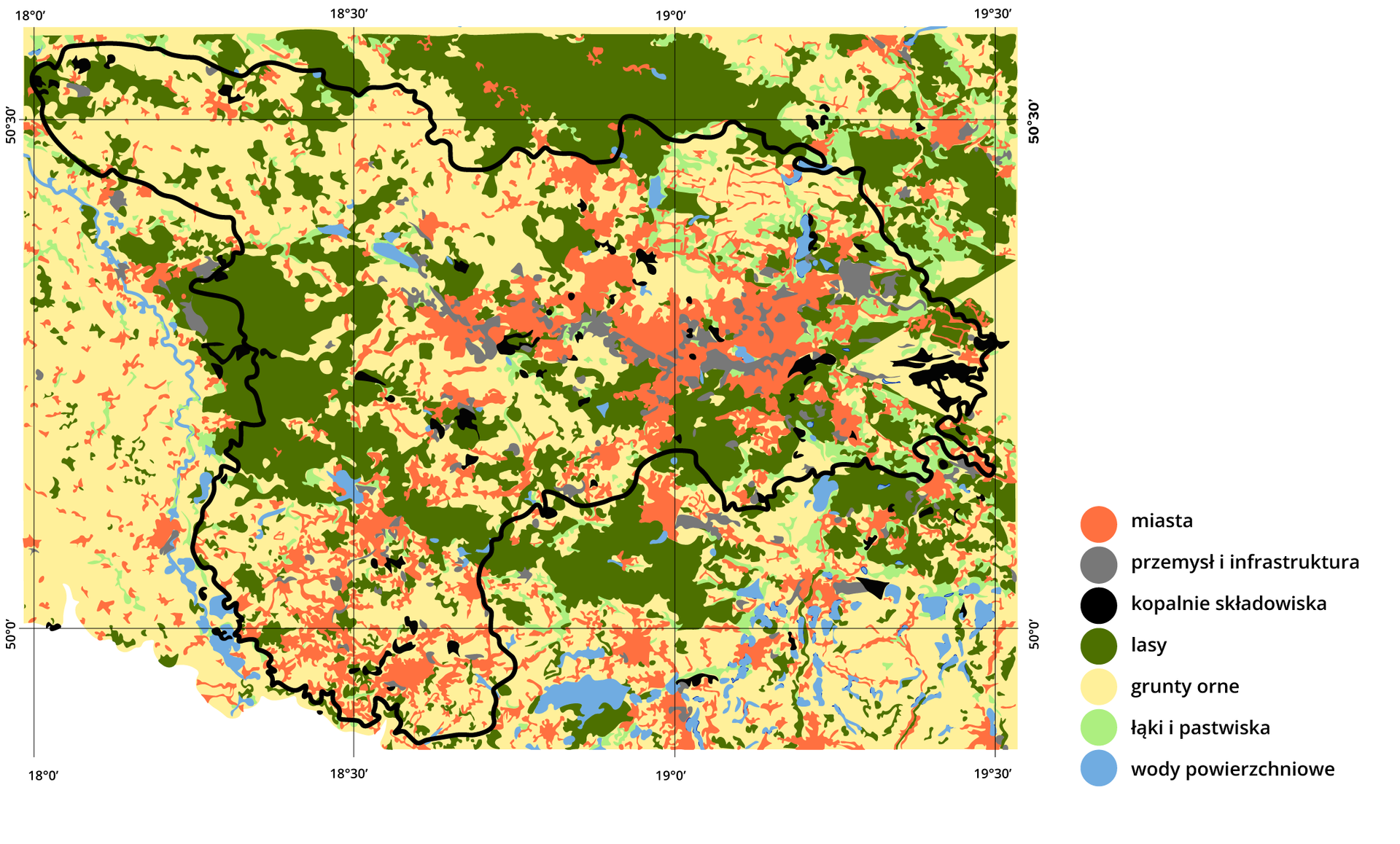 Mapa Wyżyny Śląskiej przedstawiająca za pomocą kolorów sposoby użytkowania terenu. Po prawej stronie legenda z użytymi kolorami. Pomarańczowy – miasta; szary – przemysł i infrastruktura; czarny – kopalnie składowiska; ciemnozielony – lasy; żółty – grunty orne; zielony – łąki i pastwiska; niebieski – wody powierzchniowe. Mapa pokryta siatką południków i równoleżników co trzydzieści minut. Wyżynę oznaczono czarnym konturem. W centralnej i południowej części przeważają miasta, między nimi lasy. Między miastami tereny kopalń, w północno‑wschodniej części łąki i pastwiska. W centralnej części wyżyny obok miast tereny zagospodarowane przez przemysł i infrastrukturę. Pozostałe części wypełniają grunty orne.