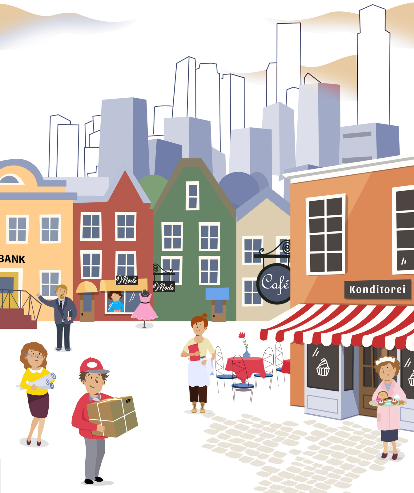 Ilustracja przedstawia plac w mieście. Chodzą po nim pracujący ludzie. Widoczni są między innymi kurier, pani architekt, kelnerka i pani prowadząca cukiernię.