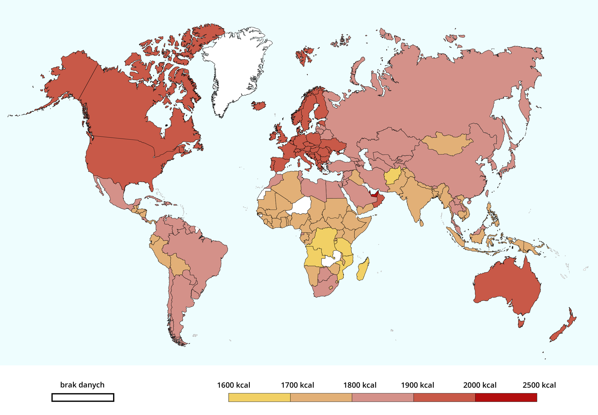 Ilustracja przedstawia mapę świata, prezentującą dzienne zapotrzebowanie na kalorie niezbędne dla utrzymania minimalnej wagi koniecznej dla zachowania zdrowia (w kcal/os./dobę), 2021 rok. Za pomocą kartogramu dla poszczególnych państw świata oznaczono dzienne zapotrzebowanie na kalorie, które oznaczono dla poszczególnych przedziałów kolorami od żółtego do ciemnoczerwonego.
Przedziały: od 1600 do 1700 (Demokratyczna Republika Konga, Angola, Mozambik, Kenia, Madagaskar, Afganistan);
Od 1700 do 1800 (pozostałe kraje Afryki z wyłączeniem Maroko, Tunezji, Libii, Egiptu, RPA, Botswany – które należą do kolejnego przedziału; Jemen, Irak, Mongolia, Indie, Nepal, Pakistan, Birma, Bangladesz, Sri Lanka, Wietnam, Kambodża, Indonezja, Papua‑Nowa Gwinea, Filipiny, Boliwia, Peru, Ekwador, Gwatemala, Honduras, Nikaragua, Belize, Salwador);
Od 1800 do 1900 (pozostałe kraje Azji, Litwa, Łotwa, Białoruś, Meksyk Kuba i pozostałe kraje Ameryk, z wyłączeniem USA i Kanady, które należą do kolejnego przedziału.);
Od 1900 do 2000 (pozostałe kraje z wyłączeniem Zjednoczonych Emiratów Arabskich, Kataru i Bahrajnu, które należą do kolejnego przedziału od 2000 do 2500 kilokalorii.