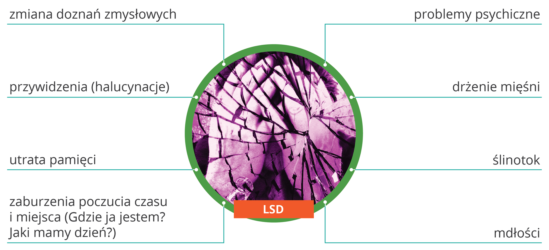 Ilustracja przedstawia okrąg z różowymi, nieregularnymi kształtami i różne skutki wpływu LSD na organizm: zmiana doznań zmysłowych, przywidzenia (halucynacje), zaburzenia poczucia czasu i miejsca (Gdzie ja jestem? Jaki mamy dzień?), utrata pamięci, problemy psychiczne, drżenie mięśni, ślinotok, mdłości.