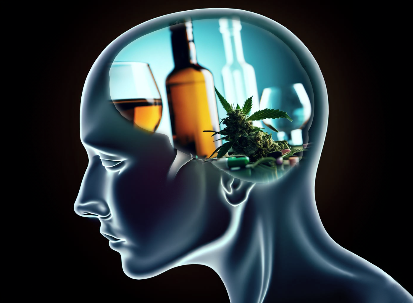 Na czarnym tle widoczny jest niebieski zarys głowy człowieka z brązową i przeźroczystą butelką, kieliszkiem z brązowym płynem, pustym kieliszkiem i ananasem, w miejscu mózgu.