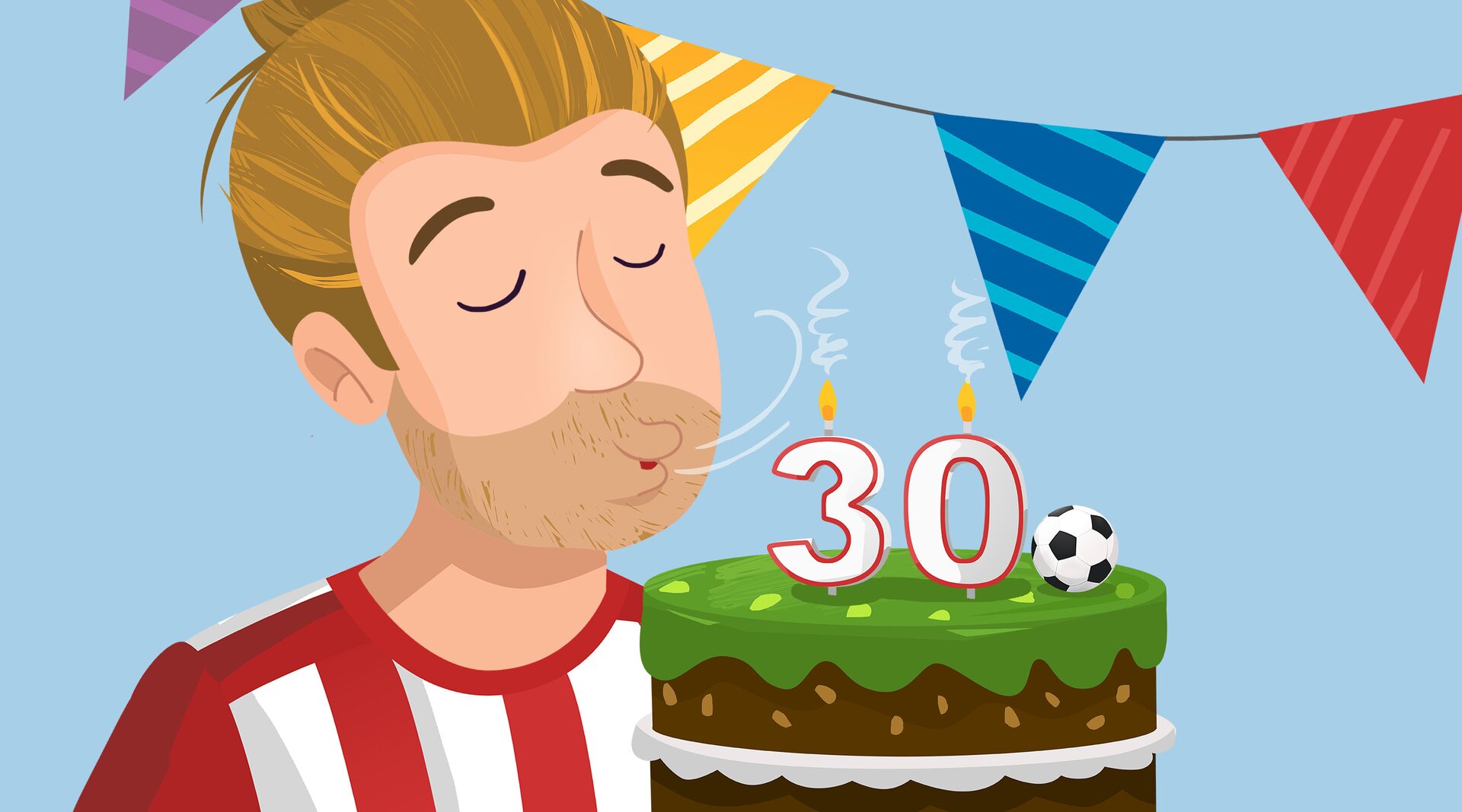 Na ilustracji znajduje się mężczyzna dmuchający świeczki na torcie