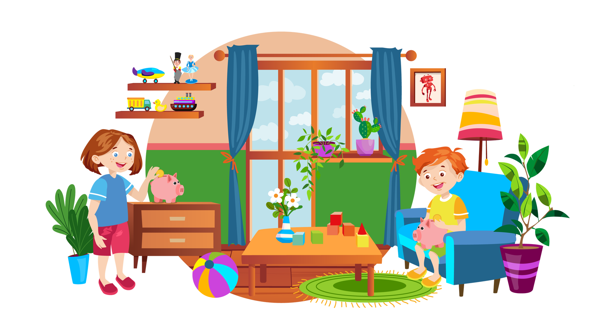 Ilustracja przedstawia pokój w domu Franka i Mai. W tle widać beżowo‑zieloną ścianę, na której po lewej stronie są zawieszone jedna pod drugą dwie brązowe półki. Na pierwszej stoi niebiesko‑żółto‑fioletowy samolot, figurka ołowianego żołnierzyka i figurka baletnicy. Żołnierzyk ma czerwono‑złoty strój, wysoką czarną czapkę, miecz i szarą tarczę. Baletnica ma niebieską sukienkę. Na drugiej półce stoi zielono‑żółta ciężarówka, żółta kaczka i duży zabawkowy statek pasażerski. Dalej na prawo są drzwi balkonowe i okno w brązowej ramie. Widać za nimi błękitne niebo z chmurami. Powyżej wisi brązowy karnisz z długimi granatowymi zasłonami. Każda z nich jest upięta w połowie długości pomarańczową wstążką. Na parapecie stoi roślina o długich łodygach i zielonych liściach w fioletowej donicy oraz kaktus w fioletowej donicy. Po prawej stronie wisi na ścianie obrazek w brązowej ramce, przedstawiający uśmiechniętego Zgrzytka. Jest to czerwony robot o prostokątnej głowie z krótkimi antenkami zamiast uszu, dwiema rękami i dwiema nogami. Na przedniej części jego tułowia widnieje biały znaczek w postaci błyskawicy. Poniżej stoi wysoka, kolorowa lampa podłogowa. Na środku pomieszczenia leży okrągły jasnozielony dywan z pomarańczowymi frędzlami i stoi niski brązowy stół. Na stole są rozrzucone kolorowe klocki, a obok nich widać dwa białe kwiaty w wazonie w biało‑niebieskie pasy. Po lewej stronie stołu leży na podłodze kolorowa piłka plażowa. Dalej, pod półkami zawieszonymi na ścianie, stoi brązowa szafka z dwiema szufladami. Znajduje się na niej różowa świnka skarbonka. Obok stoi uśmiechnięta Maja. W lewej dłoni trzyma złotą monetę, którą wrzuca do skarbonki. Za Mają jest ustawiona na podłodze duża zielona roślina w niebieskiej donicy. Po prawej stronie ilustracji stoi bokiem niebieska kanapa, na której siedzi szeroko uśmiechnięty Franek. Na kolanach trzyma kolejną różową świnkę skarbonkę. W lewej dłoni ma złotą monetę, którą zamierza wrzucić do skarbonki. Po prawej stronie kanapy stoi na podłodze duża zielona roślina w donicy koloru śliwkowego.