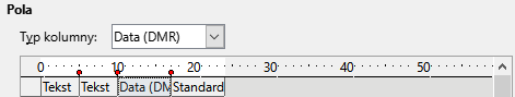 Ilustracja przedstawia fragment okna programu  LibreOffice Writer  zatytułowany: Pola. Poniżej znajduje się okienko z podpisem: Typ kolumny i wybraną opcją Data  (DMR). W okienku poniżej znajduje się linijka z podziałką i zaznaczonymi liczbami: 10, 20, 30, 40, 50. Od dołu pod linijką znajdują się czerwone punkty rozmieszczone w nieregularnych odstępach. Odcinki między punktami są podpisane: Tekst, Tekst, Data (DMR), Standardowe. 