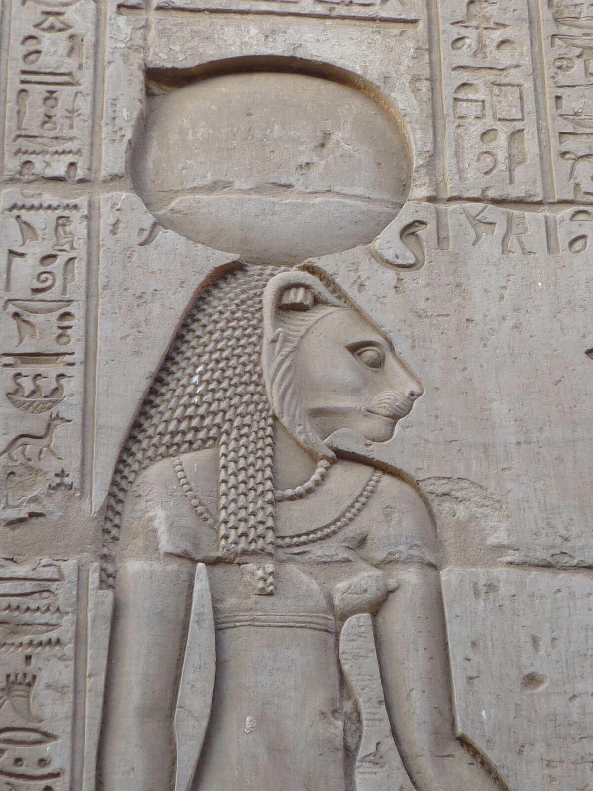 Ilustracja przedstawia fragment reliefu ze ściany świątyni w Kom Obo w Egipcie. Na fotografii widać Horusa z głową lwa. Jest ubrany w dopasowaną tunikę, na szyi ma korale. Na ścianie znajduje się tekst sporządzony pismem egipskim.