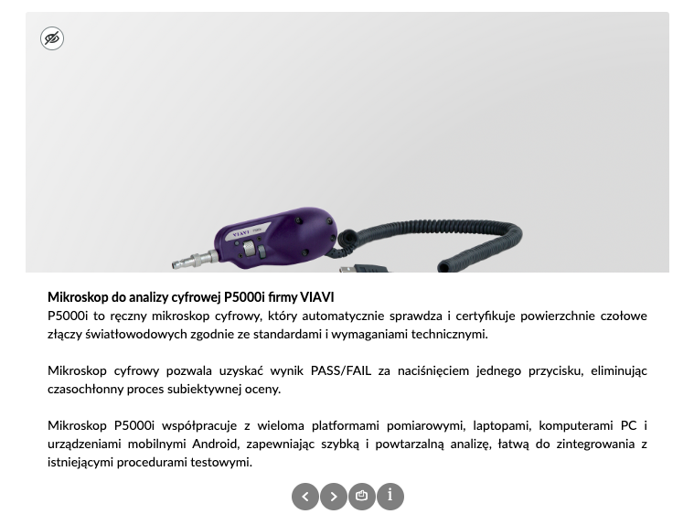 Przykładowy widok grafiki w trybie prezentacji, na ilustracji znajduje się zdjęcie mikroskopu do analizy cyfrowej, a pod nim podpis – dokładny opis urządzenia.