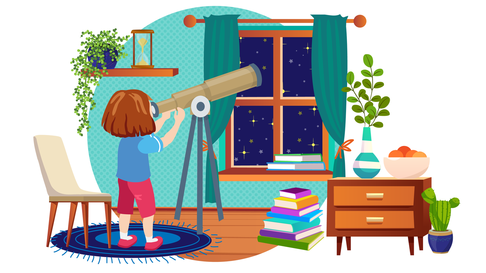Ilustracja przedstawia pokój w domu Franka i Mai. W tle widać turkusową ścianę z brązowym oknem, za którym rozciąga się rozgwieżdżone nocne niebo. Nad oknem wisi brązowy karnisz z dwiema ciemnoturkusowymi zasłonami. Każda z nich jest upięta pomarańczową wstążką. Na brązowym parapecie leżą, jedna na drugiej, dwie książki. Po lewej stronie wisi na ścianie brązowa półka. Stoją na niej zielona roślina o drobnych listkach w granatowej donicy oraz klepsydra odmierzająca czas. Klepsydra to szklane urządzenie na drewnianej podstawie, składające się z dwóch pojemników na piasek połączonych wąskim lejkiem. Czas jest odmierzany dzięki przesypywaniu się piasku z jednego pojemnika do drugiego przez lejek. Po prawej stronie, na drewnianej podłodze stoi niska brązowa szafka z dwiema szufladami. Znajdują się na niej trzy gałązki z licznymi listkami w wysokim wazonie w biało‑turkusowe pasy oraz beżowa miska wypełniona mandarynkami. Na prawo od szafki, na podłodze stoi zielony kaktus w granatowej donicy, a po jej lewej stronie leży stos siedmiu książek. Dalej na lewo leży okrągły granatowy dywan z frędzlami, na którym stoi beżowe krzesło z brązowymi nogami. Obok jest duży teleskop skierowany na widoczne za oknem niebo. Przy teleskopie stoi tyłem Maja. Obie ręce trzyma na urządzeniu, a twarz ma zbliżoną do jego lunety, aby móc przez nią spoglądać.