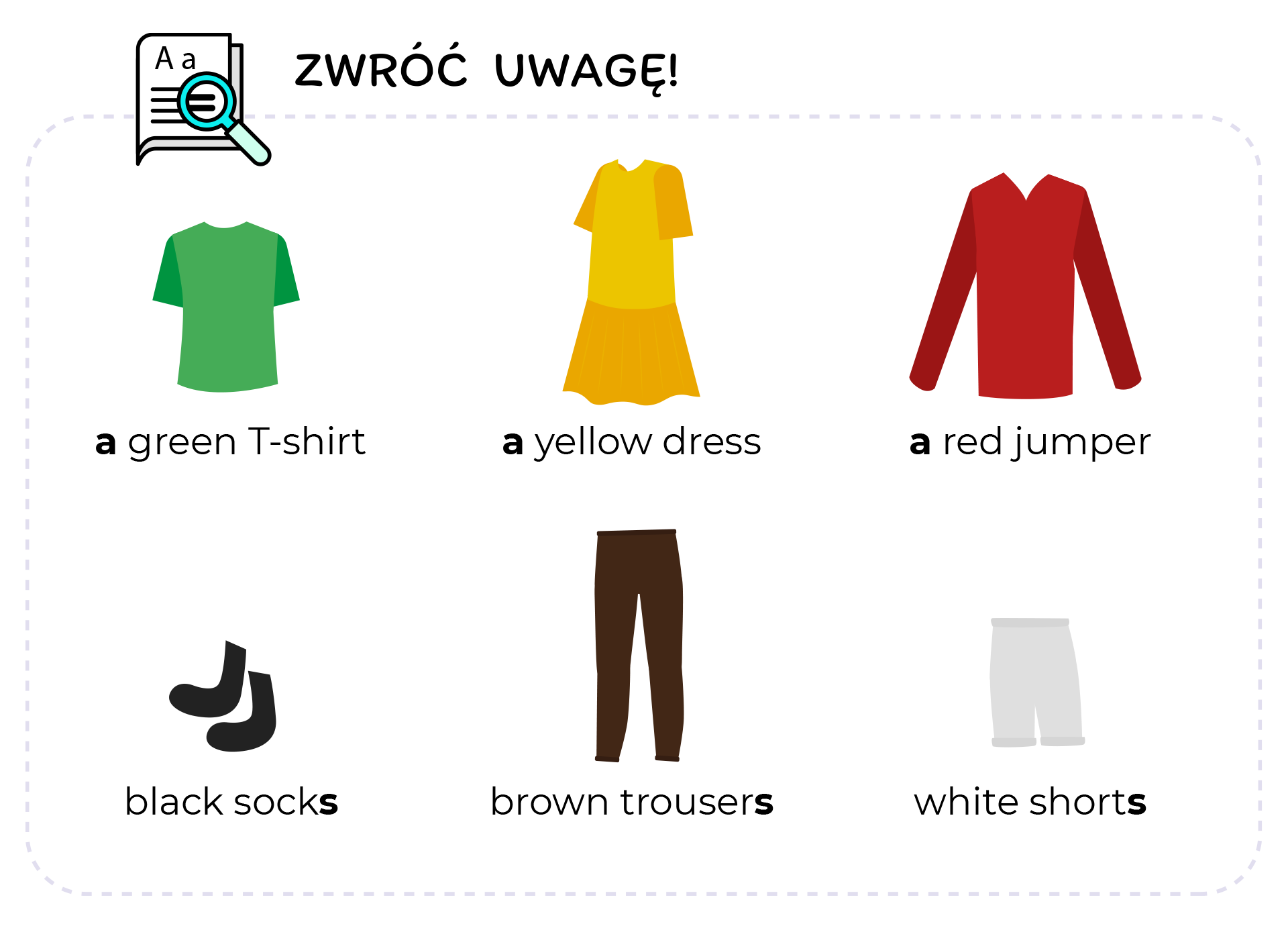 Ilustracja przedstawia sześć rzeczy, na które należy zwrócić uwagę. Są to ilustracje, podpisane w języku angielskim. W lewym górnym rogu ilustracji, znajduje się ikona kartki papieru z lupą oraz napis: Zwróć uwagę! Pierwsza ilustracja przedstawia zielony podkoszulek, z podpisem: a green T‑shirt. Kolejna ilustracja przedstawia żółta sukienkę, z podpisem: a yellow dress. Trzecia ilustracja przedstawia czerwony sweter, z podpisem: a red jumper. Wymienione podpisy, mają wyróżnioną literę a. Czwarta ilustracja przedstawia czarne skarpetki, z podpisem: black socks. Piąta ilustracja przedstawia brązowe spodnie, z podpisem: brown trousers. Szósta ilustracja przedstawia białe szorty, z podpisem: white shorts. Wymienione podpisy, mają wyróżnioną literę s.