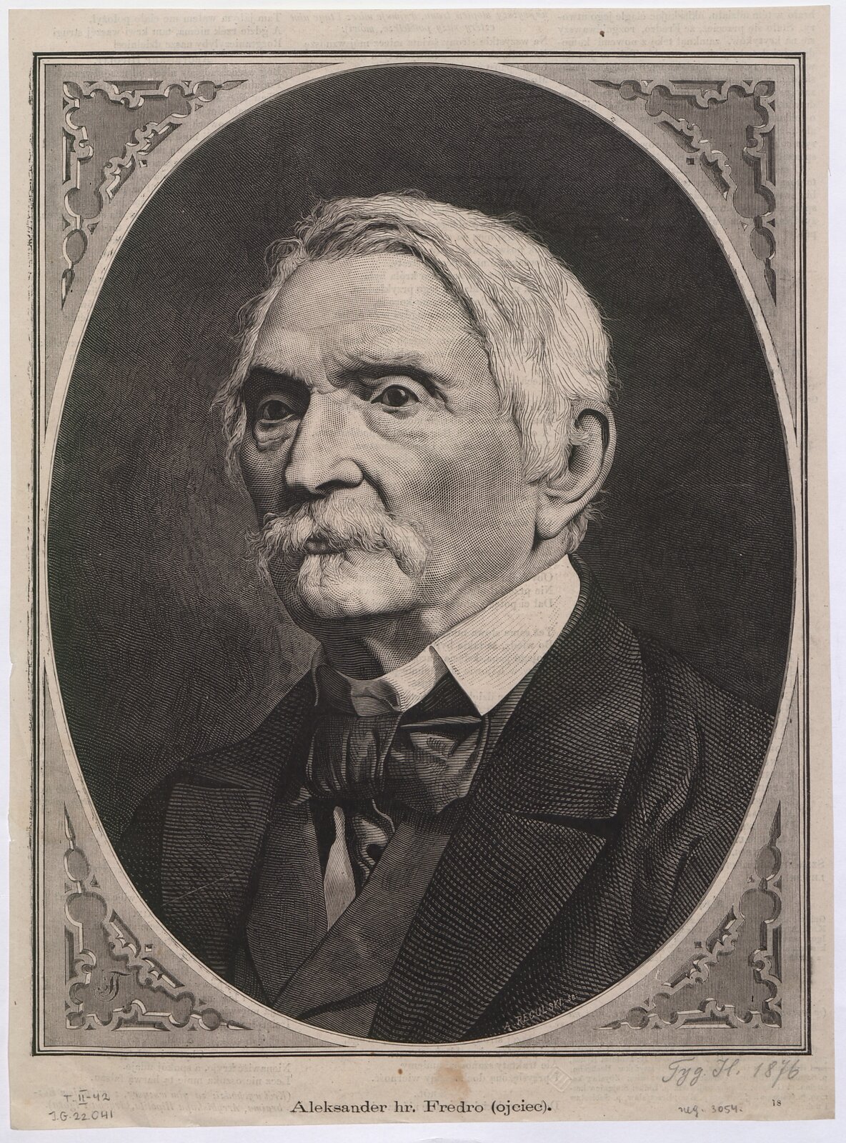 Ilustracja przedstawia portret starszego mężczyzny w ozdobnej ramce. Postać ma siwe włosy i wąsy, jest ubrana w elegancki strój: biała koszula z kołnierzykiem, ozdobny fular wiązany pod szyją, kamizelka oraz marynarka.