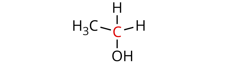 Ilustracja przedstawiająca wzór strukturalny cząsteczki etanolu. Atom węgla zaznaczony na czerwono łączy się z dwoma atomami wodoru, grupą hydroksylową O H oraz grupą metylową C H indeks dolny, trzy, koniec indeksu dolnego.  