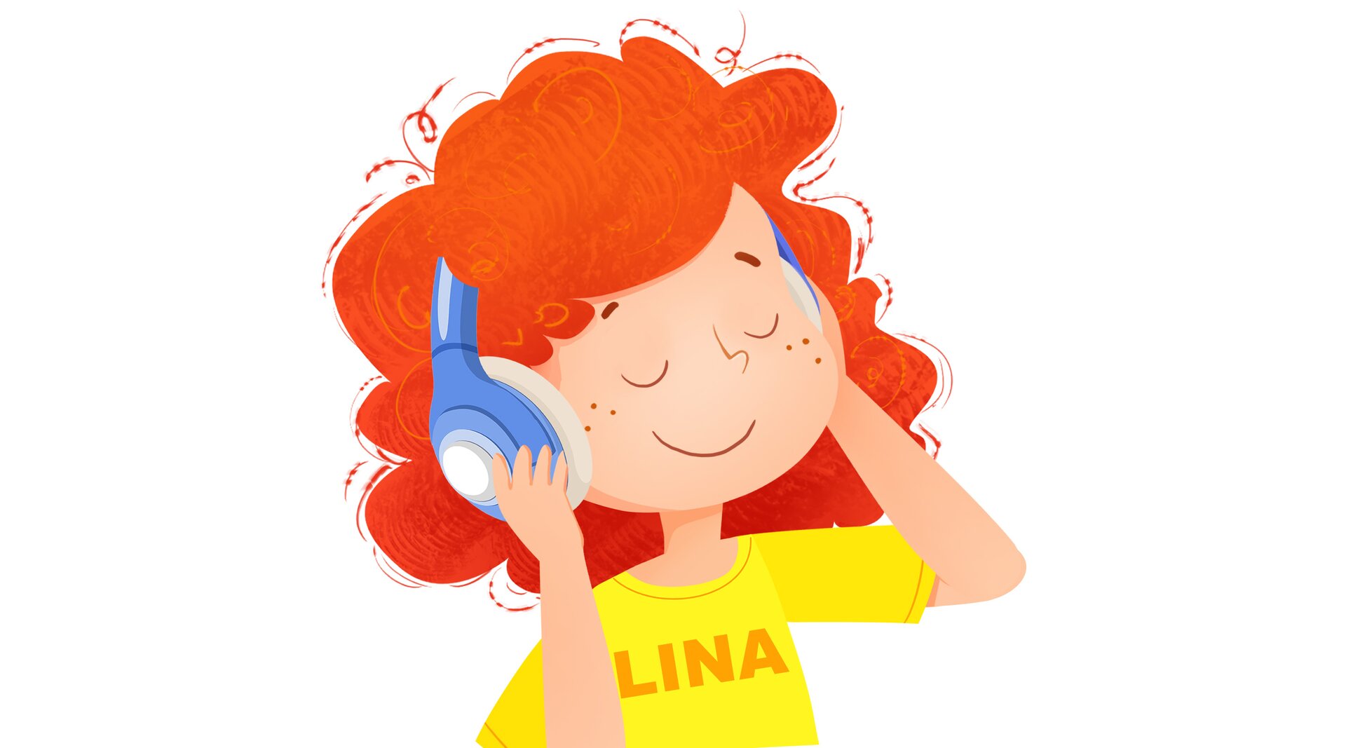 Ilustracja przedstawia Linę ze słuchawkami na uszach.