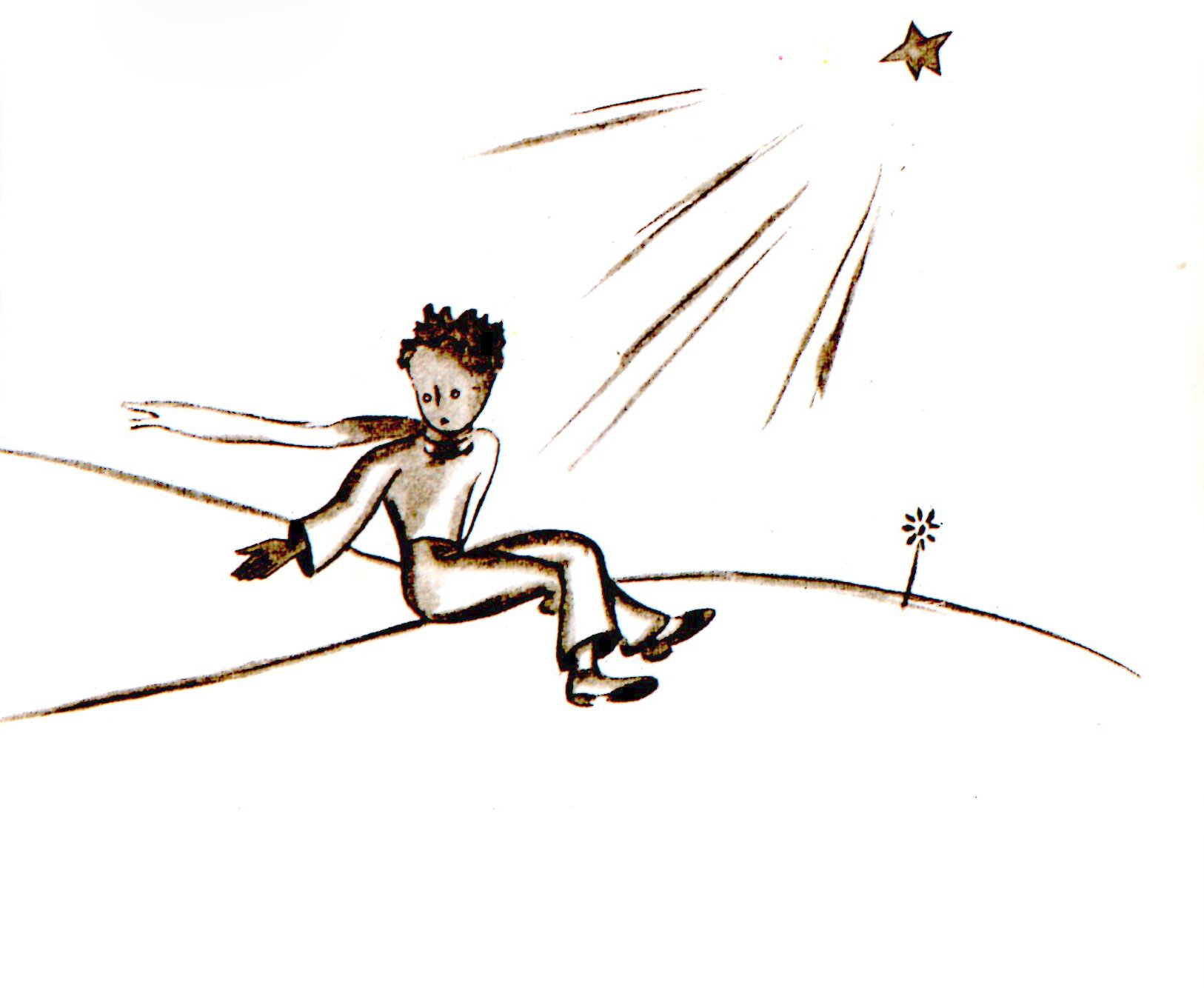Na ilustracji znajduje się chłopiec, który siedzi na ziemi i wyciąga prawą rękę. Na niebie znajduje się gwiazda. W oddali widoczny jest kwiat. Tło jest białe.