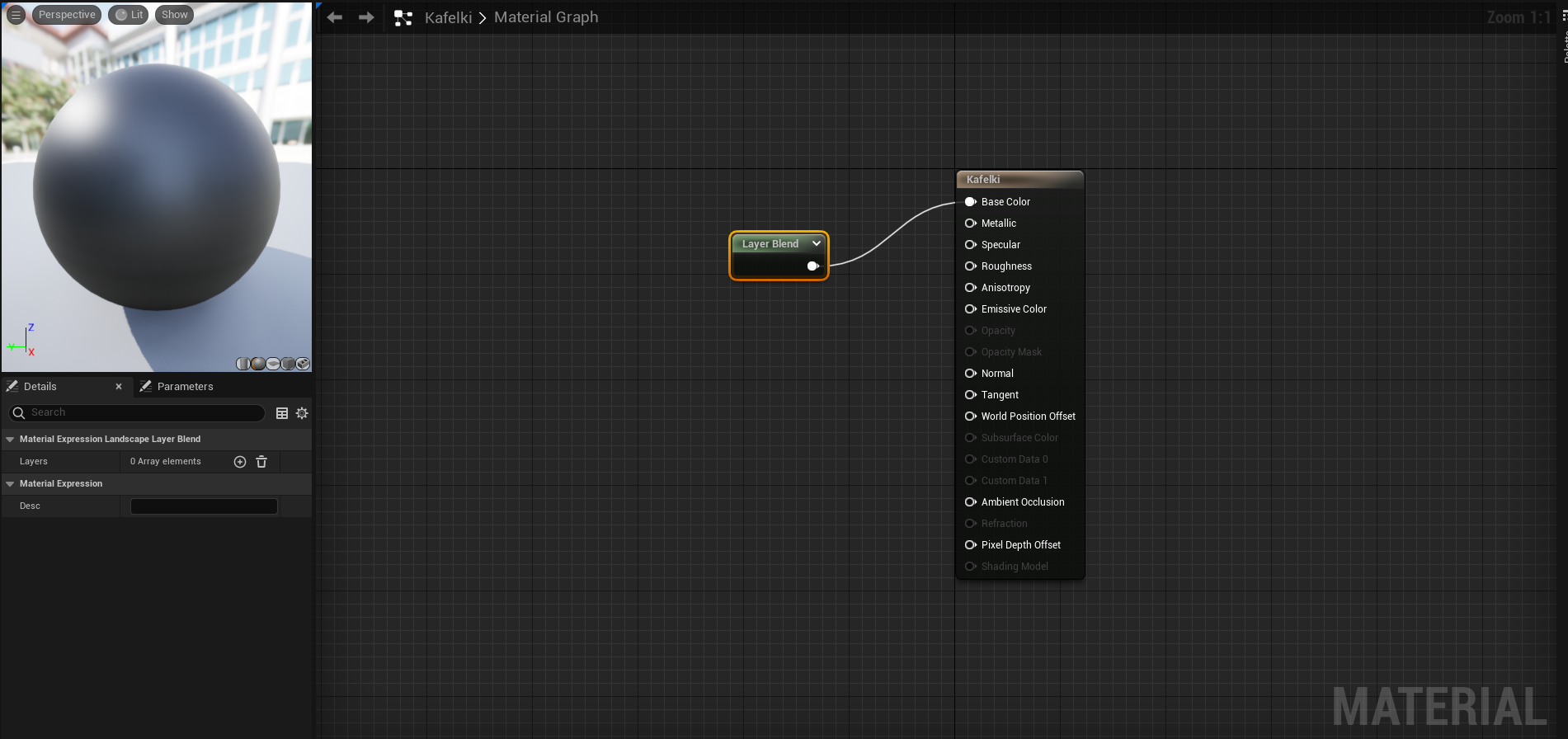 Ilustracja przedstawia zrzut ekranu - panel programu  Unreal Engine . W centralnej części znajduje się czarna przestrzeń w jasnoszarą, drobną kratkę. Pośrodku tej przestrzeni widoczna jest prostokątna lista zatytułowana Kafelki z opcjami:  Base Color, Metallic, Specular, Roughness, Anisotropy, Emissive Color, , wyszarzone opcje  Opacity, Opacity Mask , opcje  Normal, Tangent, World Position Offset , wyszarzone opcje  Subsurface Color, Custom Data 0, Custom Data ] , opcja  Ambient Occlusion , wyszarzona opcja  Refraction , opcja  Pixel Depth Offset  oraz wyszarzona opcja  Shading Model . Z listą łączy się druga, obwiedziona pomarańczową linią, prostokątna lista jedynie z tytułem  Layer Blend . Linia łącząca pola prowadzi od niej do opcji  Base Color  na pierwszej liście.  Z lewej strony znajduje się menu programu, poczynając od góry: grafika z umiejscowioną na dziedzińcu zabudowanym z dwóch stron dużą, czarną kulą, a poniżej dwie zakładki:  Details  i  Parameters  i okienko z napisem:  Search . Poniżej, w kolejnych linijkach znajdują się grupy opcji menu: pierwsza z nich to  Material Expression Landscape Layer Blend  z opcjami:  Layers: 1 Array elements  i symbolem plusa i kosza na śmieci; druga z nich to:  Material Expression  z pustym polem  Desc . 