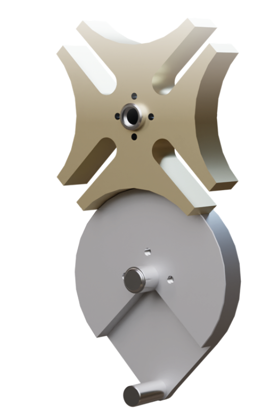 Na ilustracji jest mechanizm ruchu przerywanego. Składa się on z dwóch elementów Pierwszy ma kształt krzyża maltańskiego. Jest to czteroramienny krzyż, jego ramiona mają jednakową długość. Ich brzegi mają okrągłe wycięcie. Między ramionami znajdują się wąskie wycięcia. Drugi element ma kształt łzy. Jej okrągła część wypełnia wycięcie w ramieniu krzyża maltańskiego. Po przeciwległej stronie znajduje się dość długi walcowaty bolec.