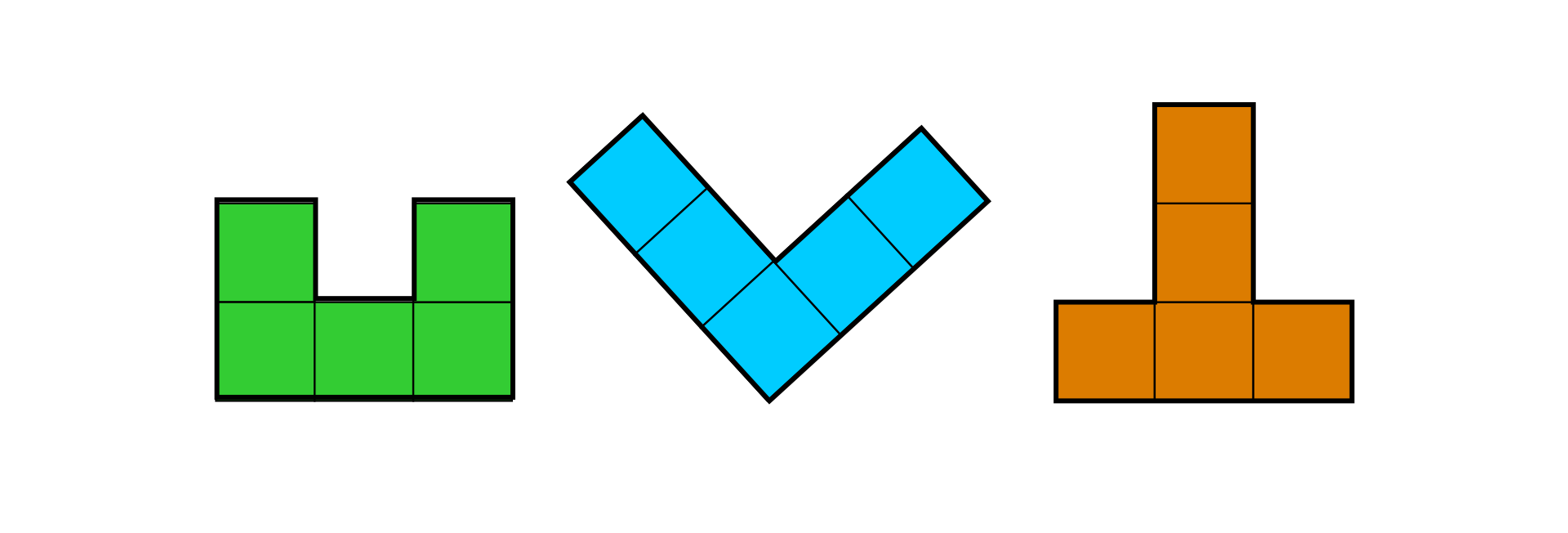 Ilustracja przedstawia 3 wielokąty, każdy składa się z 5 kwadratów. Pierwszy przypomina literę U - dwa kwadraty jeden nad drugim obok jeden kwadrat obok dwa kwadraty jeden nad drugim. Drugi przypomina dużą literę L odwróconą o 45 stopni- trzy kwadraty jeden nad drugim obok dwa kwadraty jeden obok drugiego. Drugi przypomina dużą literę T odwróconą o 180 stopni - jeden kwadrat obok trzy kwadraty jeden nad drugim obok jeden kwadrat.