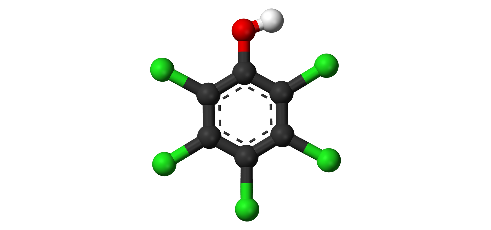 Na ilustracji jest model cząsteczki 2,3,4,5,6-pentachlorofenolu: sześcioczłonowy pierścień zbudowany z czarnych kulek łączy się na górze z czerwoną kulką, która łączy się z białą kulką. Każda z pozostałych czarnych kulek łączy się z jedną zieloną kulką. 