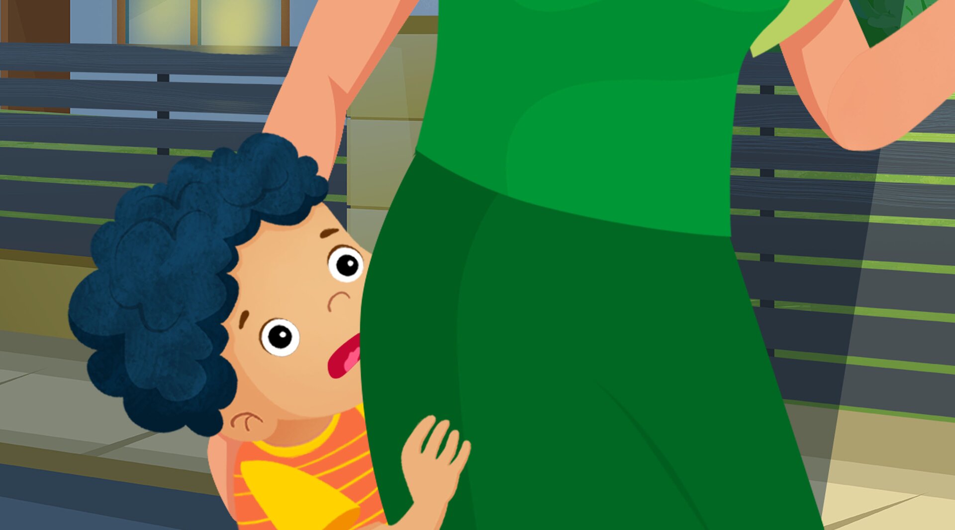 Na ilustracji znajduje się chłopiec, który się boi i chowa się za mamą.