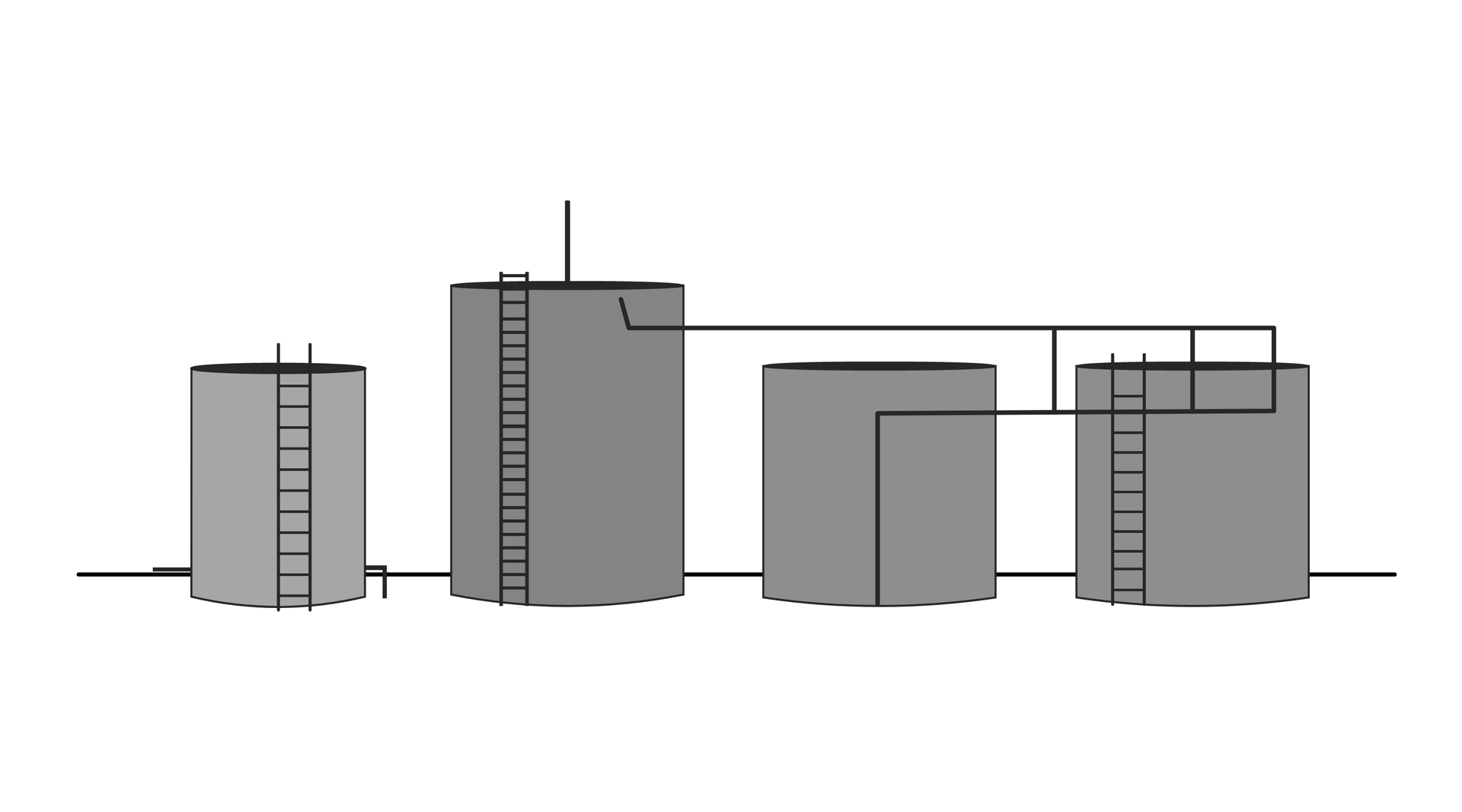 Ilustracja przedstawia zespół zbiorników magazynowych o cylindrycznych kształtach. Ich podstawy stanowią koła. Od lewej strony znajduje się najmniejszy, następnie największy i z prawej strony - dwa średniej wielkości zbiorniki o takich samych wymiarach. Pierwszy drugi i trzeci zbiornik wyposażone są w drabiny. Zbiorniki drygi, trzeci i czwarty połączone są układem rur.