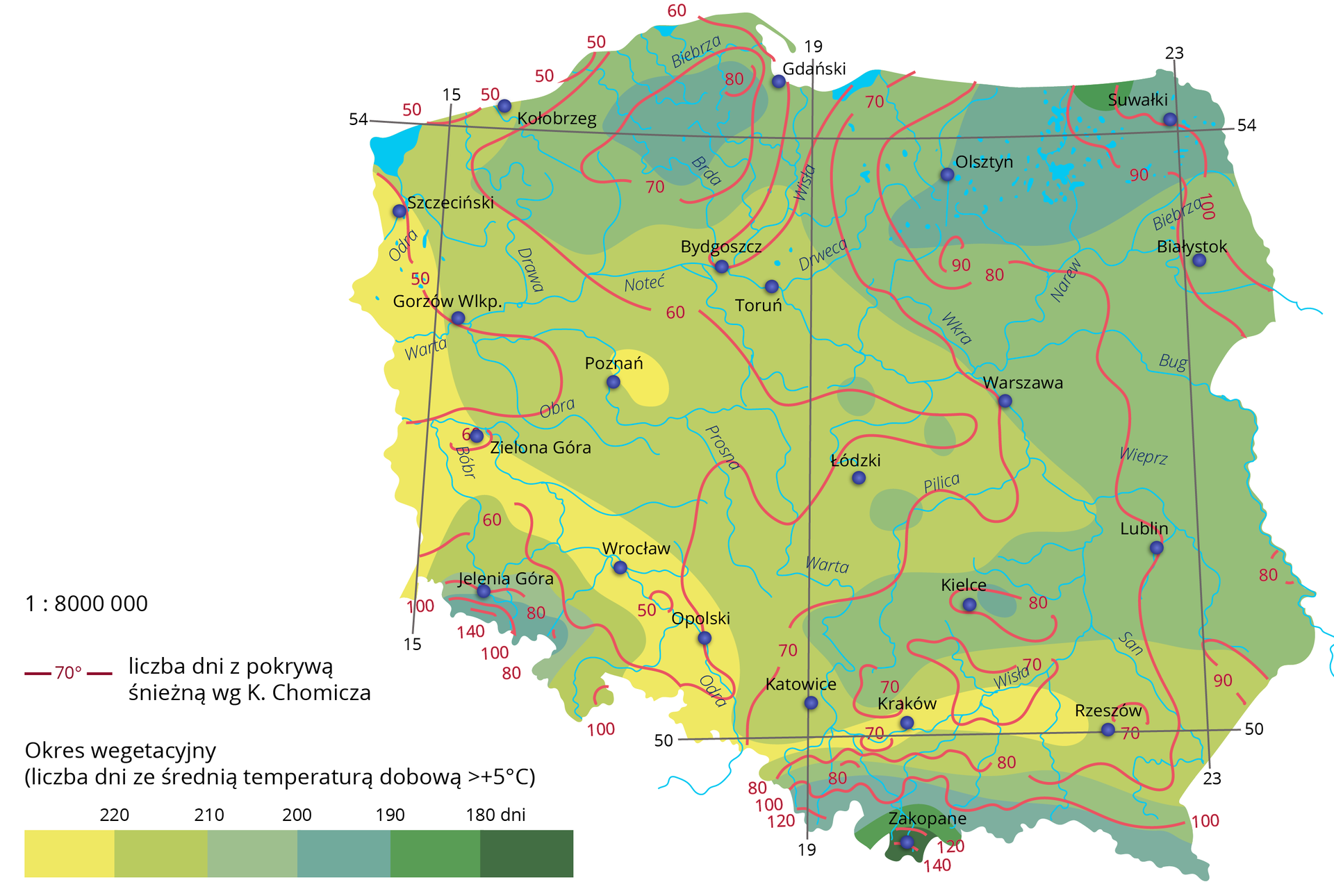 Mapa Polski przedstawia okres wegetacyjny. W rejonie Krakowa, Opola, Wrocławia, Zielonej Góry, Szczecina okres wegetacyjny czyli liczba dni ze średnią temperaturą dobową powyżej 5 stopni Celsjusza wynosi ponad 220 dni. W rejonie Gorzowa Wielkopolskiego, Kołobrzegu, Bydgoszczy, Torunia, Łodzi, Katowic, Rzeszowa wynosi od 210 do 220 dni. W rejonie Jeleniej Góry, Kielc, Lublina, Warszawy, Białegostoku, Gdańska wynosi od 200 do 210 dni. W rejonie Sudetów, Karpat, Olsztyna, Suwałk wynosi od 190 do 200 dni. W Tatrach wynosi poniżej 180 dni.