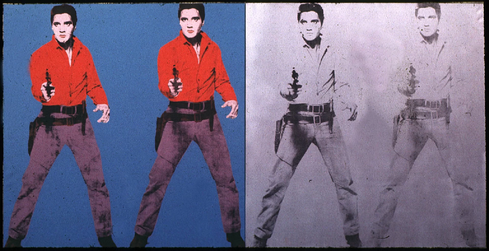 Ilustracja przedstawia dzieło Andy'ego Warhola „Elvis I and II”. Znajdują się na nim dwa podwójne wizerunki muzyka, który stoi i trzyma w ręku rewolwer. Na pierwszej grafice jest ukazany na niebieskim tle, w czerwonej koszuli i szarawych spodniach, ma założoną czarną kaburę na podwójnym pasie. twarz jest różowa. Druga grafika jest powtórzeniem pierwszej, ale wykonana w wersji czarno-białej, z fioletowym akcentem. Postać po lewej jest wyraźniejsza od prawej.