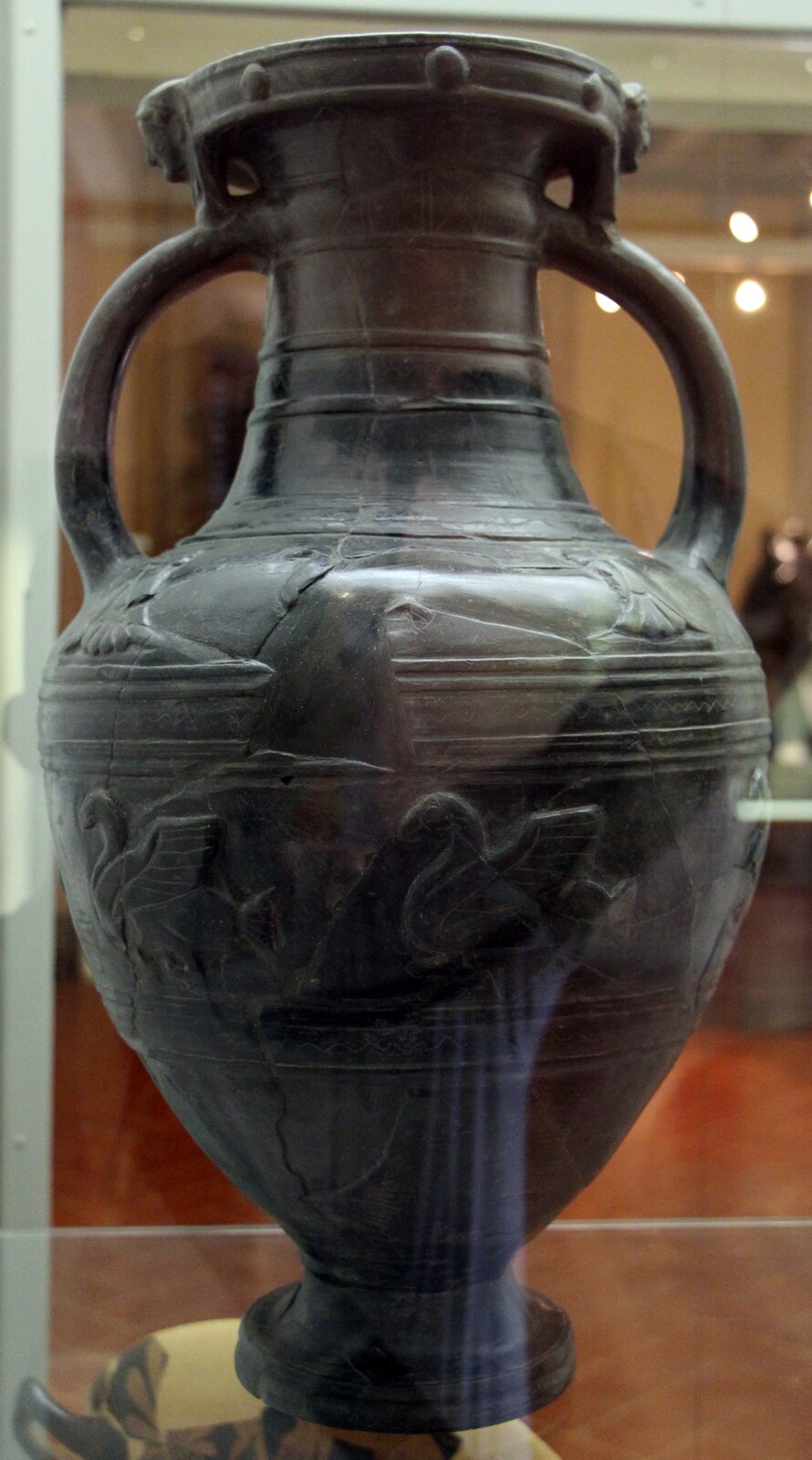 Ilustracja przedstawia amforę etruską w czarnym kolorze z dwoma uchwytami w górnej części. Amfora jest ozdobiona motywem ptaków wykonanych w formie płaskorzeźby, również w czarnym kolorze. Zwieńczenie zdobią dwie głowy oraz małe kuliste motywy.