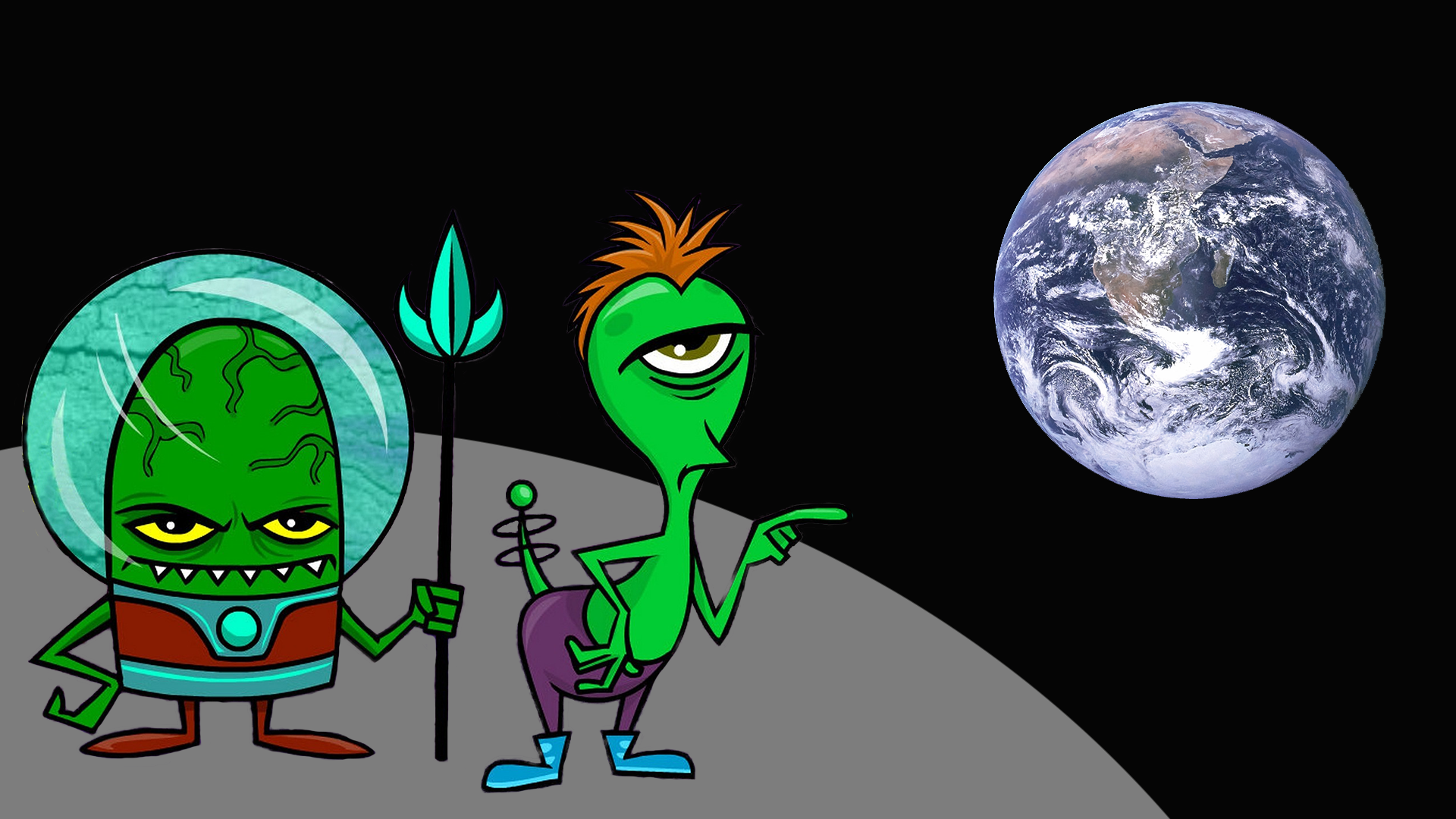 Ilustracja przedstawia dwie postacie, mające przypominać kosmitów. Ufoludki stoją na księżycu, obaj mają zielony kolor skóry. Jeden z nich ma szklaną kopułę wokół głowy, nosi kombinezon, a w ręce trzyma coś w rodzaju włóczni. Drugi kosmita ma jedno oko, irokeza na głowie i ogon. Palcem wskazującym pokazuje widoczną w oddali planetę Ziemię.