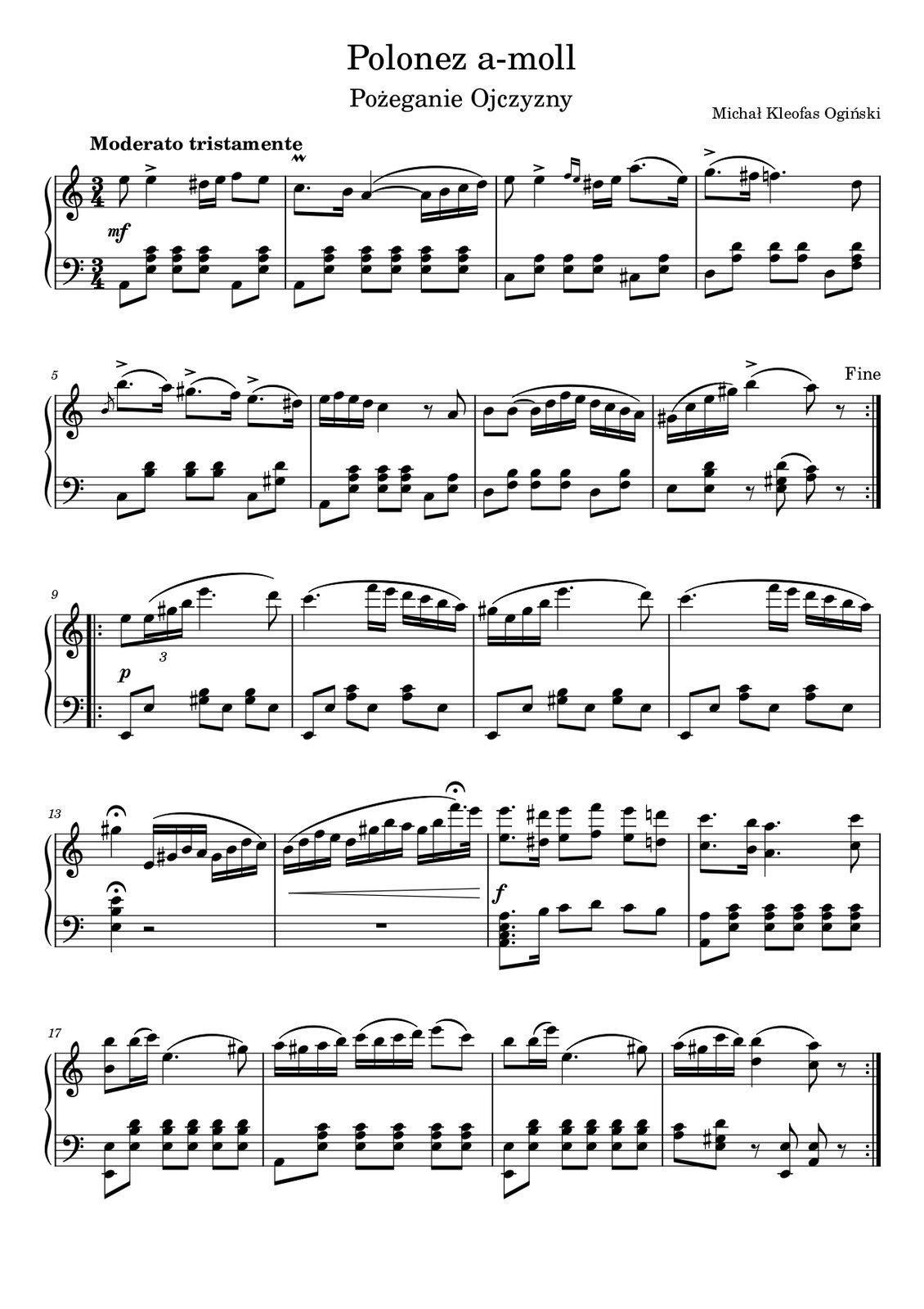 Grafika przedstawia partyturę poloneza a‑moll, zatytułowanego „Pożegnanie ojczyzny” autorstwa Michała Kleofasa Ogińskiego. Utwór jest napisany w metrum trzy czwarte, w tonacji a‑moll. Tempo utworu oznaczono jako moderato tristamente [czytaj: moderato tristamente], czyli umiarkowanie oraz smutno. W partyturze znajduje się partia fortepianu w dwóch kluczach: wiolinowym oraz basowym. W pierwszej linijce w kluczu wiolinowym w takcie pierwszym na pierwszą miarę grana jest ósemka e, a następnie ćwierćnuta e z akcentem. Dalej zapisano szesnastki dis oraz e, a na miarę trzecią dwie ósemki: f oraz e. Cały takt grany jest w dynamice mezzoforte [czytaj: medzoforte]. W kluczu basowym na pierwszą miarę grana jest ósemka a, a następnie trzy ósemki‑trójdźwięki, złożone z nut e, a oraz c, które razem tworzą akord a‑moll. Na trzecią miarę grana jest ósemka a, a następnie ponownie ósemka‑trójdźwięk a‑moll, złożona z dźwięków e, a oraz c. W drugim takcie w kluczu wiolinowym na pierwszą miarę grana jest ósemka z kropką c, nad którą dodatkowo zaznaczono mordent. Dalej zapisano szesnastkę h, a na drugą miarę ćwierćnutę a, przedłużoną o szesnastkę do trzeciej miary i rozpoczynającą frazę, która trwa przez kolejne szesnastki: h, c oraz d. W kluczu basowym na pierwszą miarę grana jest ósemka a, a następnie pięć ósemek‑trójdźwięków, złożonych z nut e, a oraz c, tworzących razem tworzą a‑moll. W trzecim takcie na pierwszą miarę grana jest ósemka e, a następnie ćwierćnuta e z akcentem. Dalej zapisano dwie przednutki‑szesnastki f oraz e, a następnie szesnastki dis oraz e, a na miarę trzecią ósemkę z kropką a oraz szesnastkę e, połączone frazą. W kluczu basowym na pierwszą miarę grana jest ósemka c, dalej trzy ósemki‑dwudźwięki z nut e oraz a, a na miarę trzecią ósemka cis oraz ponownie ósemka‑dwudźwięk, złożona z dźwięków e oraz a. W takcie czwartym w kluczu wiolinowym na pierwszą miarę zapisana jest ósemka z kropką g z akcentem, od której rozpoczyna się fraza; dalej zapisano szesnastkę fis, a na druga miarę ćwierćnutę z kropką f, na której fraza się kończy. Pod koniec taktu grana jest jeszcze ósemka d. W kluczu basowym na pierwszą miarę grana jest ósemka d, a dalej trzy ósemki‑dwudźwięki, złożone z nut a oraz d. Na trzecią miarę zapisano ósemkę d oraz ósemkę‑trójdźwięk, złożoną z nut f, a raz d, czyli rozłożony akord d‑moll. W drugiej linijce w kluczu wiolinowym w piątym takcie na pierwszą miarę zapisano przednutkę h, a następnie ósemkę z kropką h z akcentem o oktawę wyżej, spiętą linią frazową z szesnastką a, na drugą miarę ósemkę z kropką gis z akcentem, spiętą linią frazową z szesnastką f, a na miarę trzecią ósemkę z kropką e z akcentem, spiętą linią frazową z szesnastką dis. W kluczu basowym na pierwszą miarę grana jest ósemka c, a następnie trzy ósemki‑dwudźwięki, złożone z nut h oraz d. Na trzecią miarę zapisano ósemkę c oraz ósemkę‑dwudźwięk, złożoną z nut gis oraz d. W takcie szóstym w kluczu wiolinowym na pierwszą miarę zapisano cztery szesnastki: e, f, e oraz d, na miarę drugą ćwierćnutę c, a na trzecią miarę pauzę ósemkową oraz ósemkę a. W kluczu basowym na pierwszą miarę grana jest ósemka a, dalej trzy ósemki‑trójdźwięki z nut e, a oraz c, a na miarę trzecią ósemka c oraz ósemka‑dwudźwięk, złożona z dźwięków e oraz a. W siódmym takcie w kluczu wiolinowym zapisano dwie ósemki h, z czego druga jest przedłużona o szesnastkę do kolejnej miary oraz rozpoczyna frazę. Dalej zapisano szesnastki: d, f oraz e, a na trzecią miarę szesnastki d, c, h oraz a, przy czym na ostatniej z nich kończy się fraza. W kluczu basowym na pierwszą miarę grana jest ósemka d, po której zapisano trzy ósemki‑dwudźwięki, złożone z nut f oraz h. Na trzecią miarę zapisano ósemkę d oraz ósemkę‑dwudźwięk z nut f oraz h. W takcie ósmym w kluczu wiolinowym na pierwszą miarę zapisano cztery szesnastki jako jedną frazę; są to kolejno gis, c, e oraz ponownie gis oktawę wyżej. Na drugą miarę zapisano ćwierćnutę h, zagraną z akcentem, która jest połączona linią frazową z ósemką a graną na trzecią miarę. Dalej zaznaczono dodatkowo pauzę ósemkową. W kluczu basowym na pierwszą miarę grana jest ósemka e, dalej ósemka‑trójdźwięk, złożona z nut e, h oraz d. Na drugą miarę zapisano pauzę ósemkową, a dalej ósemkę‑trójdźwięk, złożoną z nut e, gis oraz, a dalej ósemkę‑dwudźwięk z nut a oraz c, połączoną z poprzednim układem frazą. Pod koniec taktu zapisano pauzę ósemkową. Po takcie zaznaczono również koniec repetycji oraz oznaczenie fine. Na początku taktu dziewiątego zaznaczono początek repetycji, a także zmianę dynamiki na piano [czytaj: pjano]. W kluczu wiolinowym na pierwszą miarę grana jest ósemka e. Od trioli szesnastkowej, złożonej z dźwięków e, gis oraz h rozpoczyna się fraza, która trwa do końca taktu. Na drugą miarę zapisano ćwierćnutę z kropką e, a następnie ósemkę d. W kluczu basowym na pierwszą miarę grane są dwie ósemki e, z czego druga oktawę wyżej od pierwszej, a na miary drugą oraz trzecią po dwie ósemki: najpierw dwudźwięk z nut gis oraz h, a następnie e. W dziesiątym takcie w kluczu wiolinowym na pierwszą miarę grana jest ćwierćnuta z kropką c, od której rozpoczyna się fraza trwająca cały takt. Dalej grane są szesnastki: f oraz e, a na trzecią miarę d, e, h oraz a. W kluczu basowym na pierwszą miarę grane są dwie ósemki e, z czego druga oktawę wyżej od pierwszej, a na miary drugą oraz trzecią po dwie ósemki: najpierw dwudźwięk z nut a oraz c, a następnie e. W takcie jedenastym na pierwszą miarę zapisano cztery szesnastki: gis, e, gis oraz h, od których rozpoczyna się fraza trwająca cały takt. Na drugą miarę grana jest ćwierćnuta z kropką e, a pod koniec taktu ósemka d. W kluczu basowym na pierwszą miarę grane są dwie ósemki e, z czego druga oktawę wyżej od pierwszej, a na miary drugą oraz trzecią po dwie ósemki: najpierw dwudźwięk z nut gis oraz h, a następnie e. W dwunastym takcie w kluczu wiolinowym na pierwszą miarę grana jest ćwierćnuta z kropką c, od której rozpoczyna się fraza trwająca cały takt. Dalej grane są szesnastki: f oraz e, a na trzecią miarę d, e, h oraz a. W kluczu basowym na pierwszą miarę grane są dwie ósemki e, z czego druga oktawę wyżej od pierwszej, a na miary drugą oraz trzecią po dwie ósemki: najpierw dwudźwięk z nut a oraz c, a następnie e. W takcie trzynastym w kluczu wiolinowym na pierwszą miarę grana jest ćwierćnuta gis z fermatą. Na drugą oraz trzecią miarę jako jedna fraza grane są szesnastki: na miarę drugą e, gis, h oraz a, natomiast na miarę trzecią gis, h, d oraz c. W kluczu basowym na pierwszą miarę grana jest ćwierćnuta‑trójdźwięk, złożona z nut e, h oraz e oktawę wyżej, a na drugą miarę zapisano pauzę półnutową. W takcie czternastym na pierwszą miarę zapisano cztery szesnastki, od których rozpoczyna się fraza; są to kolejno h, d, f oraz e. Na drugą miarę zapisano szesnastki d, gis, h oraz a. Na trzecią miarę grane są dwie szesnastki: gis oraz h, a następnie szesnastka z kropką f, na której kończy się fraza i nad którą zaznaczono fermatę. Pod koniec taktu grana jest jeszcze trzydziestodwójka e. Pod taktem zaznaczono crescendo [czytaj: kreszendo], trwające przez wszystkie miary. W kluczu basowym zapisano wyłącznie pauzę. W takcie piętnastym w kluczu wiolinowym następuje zmiana dynamiki na forte. Wszystkie dźwięki w tym takcie to dwudźwięki‑oktawy; na pierwszą miarę jest to ósemka z kropką e, dalej szesnastka dis, na miarę drugą ósemki e oraz f, na trzecią miarę ósemki e oraz d. W kluczu basowym na pierwszą miarę zapisano ósemkę z kropką‑czterodźwięk, złożony z nut a, c, e oraz a, czyli z akordem a‑moll; dalej zapisano szesnastkę h. Na drugą miarę grane są ósemki c oraz d, a na miarę trzecią ósemki c oraz h. W takcie szesnastym w kluczu wiolinowym ponownie wszystkie dźwięki są dwudźwiękami‑oktawami. Na pierwszą miarę grana jest ósemka z kropką c, następnie szesnastka h. Na drugą miarę zapisano ćwierćnutę z kropką a, a pod koniec taktu ósemkę c. W kluczu basowym na pierwszą miarę grana jest ósemka‑dwudźwięk, złożona z dwóch nut a zagranych w oktawie. Dalej zapisano pięć ósemek‑trójdźwięków, złożonych z nut e, a oraz c, czyli z rozłożonym akordem a‑moll. W takcie siedemnastym w kluczu wiolinowym na pierwszą miarę grana jest ósemka‑dwudźwięk, złożona z dwóch dźwięków h granych w oktawie. Dalej zapisano jako jedną frazę dwie szesnastki h oraz c. Na drugą miarę zapisano ćwierćnutę z kropką e, a następnie ósemkę gis. W kluczu basowym na pierwszą miarę grana jest ósemka‑dwudźwięk, złożona z dwóch nut e zagranych w oktawie. Dalej zapisano pięć ósemek‑trójdźwięków, złożonych z nut e, h oraz d. W osiemnastym takcie na pierwszą miarę zapisano frazę z czterech szesnastek: kolejno a, gis, a oraz h. Na drugą miarę ponownie zapisano frazę z czterech szesnastek: c, h, c oraz d. Na trzecią miarę wykonywana jest fraza z dwóch ósemek: e oraz c. W kluczu basowym na pierwszą miarę grana jest ósemka a. Dalej zapisano pięć ósemek‑trójdźwięków, złożonych z nut e, a oraz c, czyli z rozłożonym akordem a‑moll. W takcie dziewiętnastym w kluczu wiolinowym na pierwszą miarę grana jest ósemka h, a następnie jako jedna fraza szesnastki h oraz e. Na drugą miarę zapisano ćwierćnutę z kropką e, a następnie ósemkę gis. W kluczu basowym na pierwszą miarę grana jest ósemka‑dwudźwięk, złożona z dwóch nut e zagranych w oktawie. Dalej zapisano pięć ósemek‑trójdźwięków, złożonych z nut e, h oraz d. W dwudziestym takcie na pierwsza miarę zapisano frazę złożoną z czterech szesnastek: a, gis, c oraz h. Na drugą miarę grana jest ćwierćnuta‑dwudźwięk, złożona z dźwięków d oraz h. Na trzecią miarę zapisano ósemkę‑dwudźwięk, złożoną z dźwięków c oraz a, a następnie pauzę ósemkową. W kluczu basowym na pierwszą miarę zapisano ósemkę‑dwudźwięk, złożoną z dźwięków a oraz c, a następnie ósemkę‑trójdźwięk z nut e, gis oraz d. Na drugą miarę zapisano pauzę ósemkową, a następnie ósemkę‑dwudźwięk, złożoną z dwóch dźwięków e zagranych w oktawie. Na miarę trzecią zapisano ósemkę‑dwudźwięk, złożoną z nut a oraz e, a następnie pauzę ósemkową. Po takcie dwudziestym zaznaczono koniec repetycji. W takcie dwudziestym pierwszym zapisano początek repetycji. W kluczu wiolinowym na pierwsze dwie miary grany jest trójdźwięk C‑dur w pierwszym przewrocie, złożony z nut e, g oraz c. Na pierwszą miarę jest grany jako ósemka i dwie szesnastki, a na drugą miarę jako dwie ósemki. Na miarę trzecią grany jest trójdźwięk G‑dur w postaci zasadniczej jako dwie ósemki. Pod taktem zapisano zmianę dynamiki na forte. W kluczu basowym na pierwsze dwie miary grany jest układ trzech dźwięków: c, g oraz ponownie c oktawę wyżej, uzupełniający akord C‑dur w kluczu wiolinowym. Na pierwszą miarę zapisano ósemkę oraz dwie szesnastki, na miarę drugą dwie ósemki. Na trzecią miarę grana jest dwa razy ósemka‑dwudźwięk z nut g oraz d, uzupełniający akord G‑dur w kluczu wiolinowym. W takcie dwudziestym drugim w kluczu wiolinowym na pierwsze dwie miary ponownie grany jest akord C‑dur, tym razem w drugim przewrocie, a więc w układzie dźwięków g, c oraz e. Na pierwszą miarę jest zapisany jako ósemka oraz dwie szesnastki, na miarę drugą jako dwie ósemki. Na miarę trzecią zapisano dwa razy ósemkę‑trójdźwięk, złożoną z nut f, g oraz d, które razem z dźwiękami z klucza basowego tworzą dominantę septymową G. W kluczu basowym w tym takcie na pierwszą miarę zapisano ósemkę‑dwudźwięk, złożoną z nut c oraz e, dalej dwie szesnastki z tym samym dwudźwiękiem, a na drugą miarę dwie ósemki z tym samym dwudźwiękiem. Na trzecią miarę zapisano dwa razy ósemkę‑dwudźwięk, złożoną z nut g oraz h. W takcie dwudziestym trzecim w kluczu wiolinowym na pierwsze półtorej miary grany jest ponownie trójdźwięk C‑dur w pierwszym przewrocie, złożony z nut e, g oraz c. Na pierwszą miarę jest grany jako ósemka i dwie szesnastki, a na drugą miarę jako ósemka. Dalej zapisano ósemkę‑dwudźwięk, złożoną z nut g oraz e. Na miarę trzecią grana jest dwa razy ósemka‑dwudźwięk, za pierwszym razem złożona z nut fis oraz d, za drugim razem z nut fis oraz c. W kluczu basowym na pierwsze półtorej miary grany jest układ trzech dźwięków: c, g oraz ponownie c oktawę wyżej, uzupełniający akord C‑dur w kluczu wiolinowym. Na pierwszą miarę zapisano ósemkę oraz dwie szesnastki, na miarę drugą ósemkę z tym układem, a dalej jeszcze ósemkę‑dwudźwięk z zagranym w oktawie dźwiękiem c. Na trzecią miarę grana jest dwa razy ósemka‑dwudźwięk z nut d oraz a. W dwudziestym czwartym takcie w kluczu wiolinowym na pierwszą miarę grana jest ósemka‑dwudźwięk, złożona z nut g oraz h z artykulacją staccato [czytaj: stakkato], a następnie dwie szesnastki: h oraz c jako fraza. Na drugą miarę zapisano ósemkę a z artykulacją staccato [czytaj: stakkato], a następnie szesnastki a oraz h jako frazę. Na trzecią miarę grana jest ćwierćnuta g. W kluczu basowym na pierwszą miarę zapisano ósemkę g, następnie ósemkę‑dwudźwięk, złożoną z nut g oraz h. Na miarę drugą zapisano dwie ósemki‑trójdźwięki, złożone z nut d, fis oraz c. Na trzecią miarę grana jest ćwierćnuta‑dwudźwięk, złożona z nut g oraz h. W takcie dwudziestym piątym następuje zmiana dynamiki na piano [czytaj: pjano]. W kluczu wiolinowym na pierwszą miarę zapisano ćwierćnutę c, która rozpoczyna frazę; dźwięk jest przedłużony o szesnastkę do drugiej miary. Dalej grane są szesnastki g, a oraz h, a na miarę trzecią szesnastki c, d, e oraz ponownie c, na którym kończy się fraza. W kluczu basowym na pierwszą miarę zapisano ósemki c oraz g, na miarę drugą ósemkę‑dwudźwięk, złożoną z nut c oraz e oraz pojedynczą ósemkę g, a na trzecią miarę ponownie ósemkę‑dwudźwięk, złożoną z nut c oraz e oraz pojedynczą ósemkę g. W takcie dwudziestym szóstym na pierwszą miarę grana jest ósemka z kropką h, a dalej szesnastka d. Na miarę drugą zapisano ósemkę z kropką f, a następnie szesnastkę g oktawę niżej, od której rozpoczyna się fraza. Na trzecią miarę grane są szesnastki: fis, g, a oraz h, przy czym na tej ostatniej fraza się kończy. W kluczu basowym na pierwszą miarę zapisano dwie ósemki g, z czego drugą oktawę wyżej, na miarę drugą ósemkę‑dwudźwięk, złożoną z nut d oraz f oraz pojedynczą ósemkę g, a na trzecią miarę ponownie ósemkę‑dwudźwięk, złożoną z nut d oraz f oraz pojedynczą ósemkę g. W takcie dwudziestym siódmym w kluczu wiolinowym na pierwszą miarę zapisano ćwierćnutę c, która rozpoczyna frazę; dźwięk jest przedłużony o szesnastkę do drugiej miary. Dalej grane są szesnastki g, a oraz h, a na miarę trzecią szesnastki c, d, e oraz ponownie c, na którym kończy się fraza. W kluczu basowym na pierwszą miarę zapisano ósemki c oraz g, na miarę drugą ósemkę‑dwudźwięk, złożoną z nut c oraz e oraz pojedynczą ósemkę g, a na trzecią miarę ponownie ósemkę‑dwudźwięk, złożoną z nut c oraz e oraz pojedynczą ósemkę g. W takcie dwudziestym ósmym na pierwszą miarę grana jest ósemka z kropką h, a dalej szesnastka d. Na miarę drugą zapisano ósemkę z kropką f, a następnie szesnastkę g oktawę niżej, od której rozpoczyna się fraza. Na trzecią miarę grane są szesnastki: fis, g, a oraz h, przy czym na tej ostatniej fraza się kończy. W kluczu basowym na pierwszą miarę zapisano dwie ósemki g, z czego drugą oktawę wyżej, na miarę drugą ósemkę‑dwudźwięk, złożoną z nut d oraz f oraz pojedynczą ósemkę g, a na trzecią miarę ponownie ósemkę‑dwudźwięk, złożoną z nut d oraz f oraz pojedynczą ósemkę g. W takcie dwudziestym dziewiątym zaznaczono zmianę dynamiki na forte. W kluczu wiolinowym na pierwszą miarę grana jest ósemka z kropką c i szesnastka d, na miarę drugą ósemki e oraz g, a na trzecią miarę ósemki f oraz d. W kluczu basowym wszystkie dźwięki to szesnastki: na pierwszą miarę grane są kolejno c, g, e oraz g, na drugą miarę ponownie c, g, e oraz g, a na trzecią miarę h, g, d oraz g. W takcie trzydziestym w kluczu wiolinowym na pierwszą miarę grana jest ósemka z kropką e, dalej szesnastka dis, na drugą miarę ósemki e oraz g, a na trzecią miarę ósemki f oraz d. W kluczu basowym ponownie wszystkie dźwięki to szesnastki: na pierwszą miarę grane są kolejno c, g, e oraz g, na drugą miarę ponownie c, g, e oraz g, a na trzecią miarę h, g, d oraz g. W trzydziestym pierwszym takcie w kluczu wiolinowym na pierwszą miarę grana jest ósemka z kropką e, od której rozpoczyna się fraza; dalej zapisano szesnastkę d, a następnie na miarę drugą szesnastki c, h, d oraz c, a na miarę trzecią szesnastki h, a, g oraz f. W kluczu basowym wszystkie dźwięki to szesnastki; na pierwszą miarę są to kolejno c, g, e oraz g, na miarę drugą c, c oktawę wyżej, e oraz c, na trzecią miarę f, d, a oraz d. W ostatnim, trzydziestym drugim takcie na pierwszą miarę grana jest fraza, złożona z czterech szesnastek: e, g, f oraz d, na druga miarę ćwierćnuta d, spięta frazą z ósemką c zapisaną na trzecią miarę. Pod koniec taktu zapisano pauzę ósemkową. W kluczu basowym na pierwszą miarę grana jest ósemka g, dalej ósemka‑trójdźwięk, złożona z nut g, d oraz f, na drugą miarę zapisano pauzę ósemkową oraz ósemkę‑trójdźwięk z nut g, h oraz f, a na trzecią miarę ósemkę‑dwudźwięk z nut c oraz e oraz pauzę ósemkową. Po takcie zapisano koniec repetycji oraz oznaczenie ‘da capo al fine’ [czytaj: da kapo al fine].