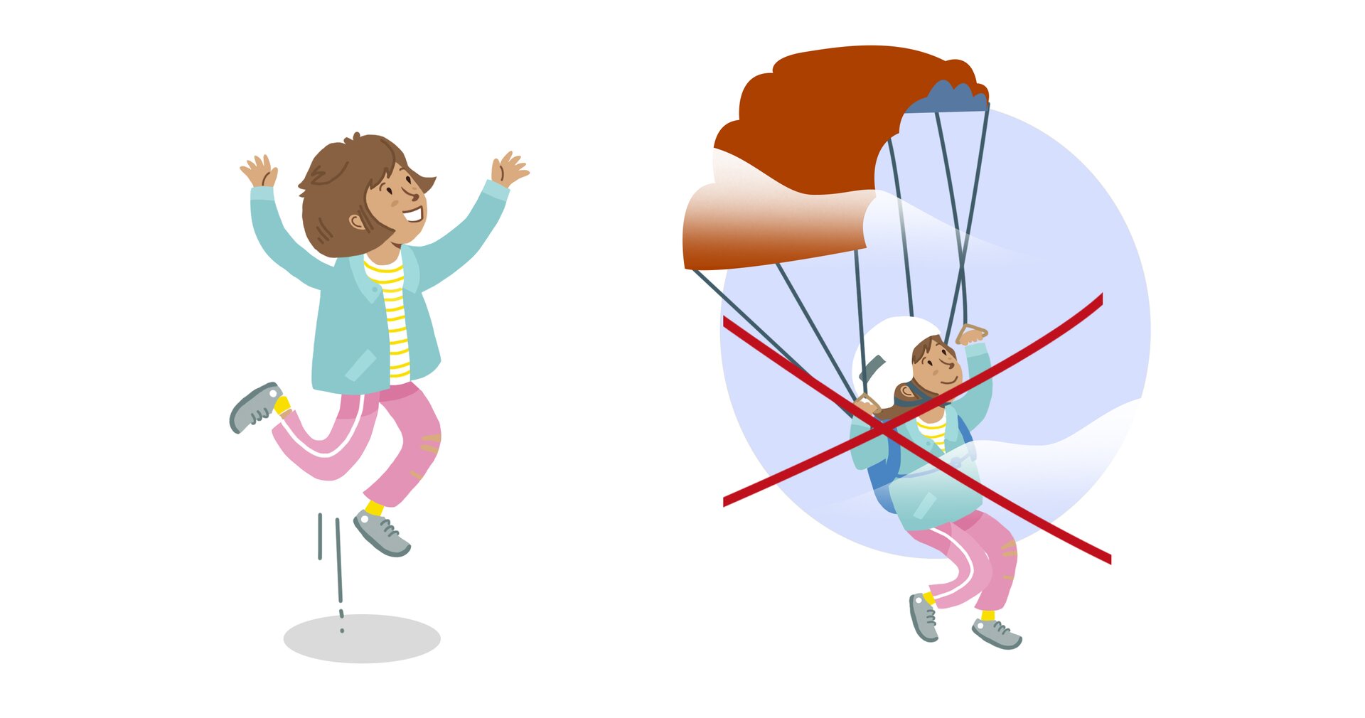 Ilustracja po lewej stronie przedstawia skaczącą dziewczynkę. Po prawej stronie jest latająca ze spadochronem dziewczynka, która jest przekreślona czerwonym krzyżykiem.