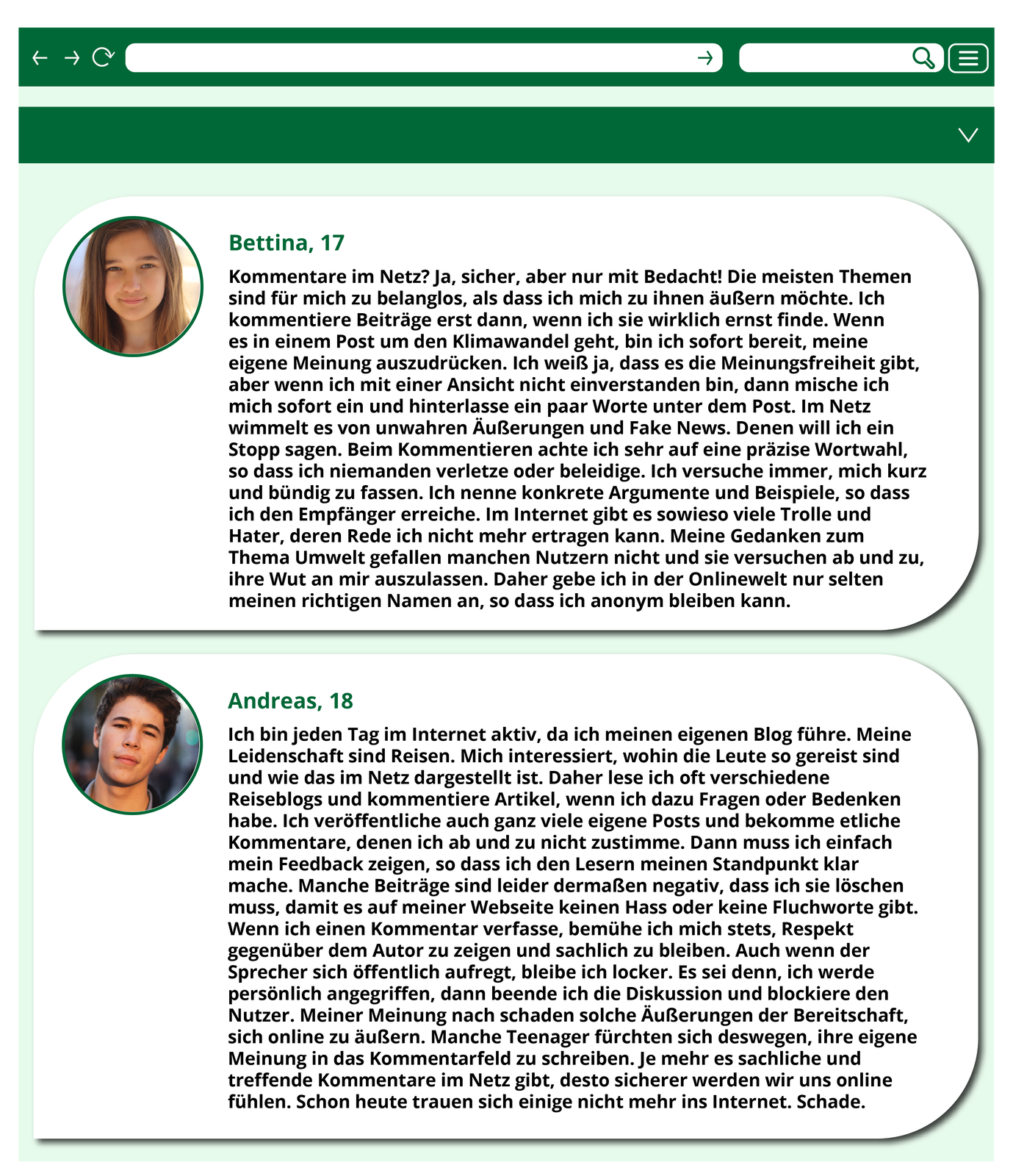 Ilustracja przedstawia wpisy od dwóch różnych użytkowników. Transkrypcja dostępna jest poniżej